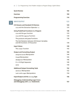 xii | C++ Programming: From Problem Analysis to Program Design, Eighth Edition
Quick Review 102
Exercises104
Programming Exercises 114
INPUT/OUTPUT123
I/O Streams and Standard I/O Devices 124
cin and the Extraction Operator  125
Using Predefined Functions in a Program 130
cin and the get Function 133
cin and the ignore Function 134
The putback and peek Functions 136
The Dot Notation between I/O Stream Variables
and I/O Functions: A Precaution 139
Input Failure 139
The clear Function 142
Output and Formatting Output 143
setprecision Manipulator 144
fixed Manipulator 145
showpoint Manipulator 146
C1114 Digit Separator 149
setw 150
Additional Output Formatting Tools 152
setfill Manipulator 152
left and right Manipulators 154
Input/Output and the string Type 156
Debugging: Understanding Logic Errors
and Debugging with cout Statements 157
3
Copyright 2018 Cengage Learning. All Rights Reserved. May not be copied, scanned, or duplicated, in whole or in part. WCN 02-200-208
 