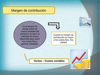 Es el exceso de
ventas sobre los
costos variables del
producto, es decir, la
cantidad de dinero
disponible para cubrir
los costos fijos y
generar utilidades.
Cuando el margen de
contribución es mayor
a los costos fijos, hay
utilidad
Ventas – Costos variables
Margen de contribución
 