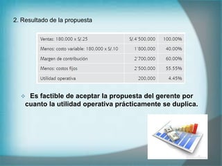 2. Resultado de la propuesta
 Es factible de aceptar la propuesta del gerente por
cuanto la utilidad operativa prácticamente se duplica.
 