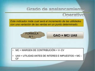 Este indicador mide cual será el incremento de las utilidades
con una variación de las ventas en un punto determinado.
GAO = MC/ UAII
FÓRMULA
N°1 :
• MC = MARGEN DE CONTRIBUCIÓN = V- CV
• UAII = UTILIDAD ANTES DE INTERES E IMPUESTOS = MC -
CF
 