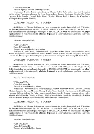 10
Classe de Assunto: IV
Unidade: Agência Nacional de Energia Elétrica
Interessados: Beatriz Helena Matté Gregory; Eduardo Fialho Baffi; Larissa Agostini Cerqueira;
Larissa Alves Vasconcelos; Lorena De Souza Bezerra; Luiz Gustavo Domingues Casulari Da Motta;
Lysianne Reis Amorim; Samuel Luiz Souza Oliveira; Tâmara Tenório Borges De Carvalho e
Wellington Rodrigues De Almeida
ACÓRDÃO Nº 1378/2007 - TCU - 2ª CÂMARA
Os Ministros do Tribunal de Contas da União, reunidos em Sessão Extraordinária da 2ª Câmara,
em 5/6/2007, com fundamento nos arts. 39, incisos I e II, da Lei nº 8.443/92, c/c os arts. 260, §§ 1º e 2º,
do Regimento Interno, aprovado pela Resolução nº 155/2002, ACORDAM, por unanimidade, em julgar
legais para fins de registro os atos de admissão de pessoal a seguir relacionados, conforme pareceres
emitidos nos autos:
Ministério Público da União
TC 004.638/2007-6
Classe de Assunto: IV
Unidade: Ministério Público do Trabalho
Interessados: Elanne Akiko Oishi Do Amaral; Enoque Ribeiro Dos Santos; Fernanda Daniela Barth;
Nilmar Rodrigues de Freitas; Oberdan Barros De Melo Junior; Roberto Takashi Yanagawa; Rosangela
Gondim de Albuquerque; Silvana Cypriano; Sumaia Pereira Rodrigues; Wanderlange De Souza Lima
ACÓRDÃO Nº 1379/2007 - TCU - 2ª CÂMARA
Os Ministros do Tribunal de Contas da União, reunidos em Sessão Extraordinária da 2ª Câmara,
em 5/6/2007, com fundamento nos arts. 39, incisos I e II, da Lei nº 8.443/92, c/c os arts. 260, §§ 1º e 2º,
do Regimento Interno, aprovado pela Resolução nº 155/2002, ACORDAM, por unanimidade, em julgar
legais para fins de registro os atos de admissão de pessoal a seguir relacionados, conforme pareceres
emitidos nos autos:
Ministério Público da União
TC 004.656/2007-4
Classe de Assunto: IV
Unidade: Ministério Público Federal
Interessados: Adriana Da Silva Inacio Ribeiro; Andreza Cossenzo De Castro Carvalho; Carolina
Macêdo Caetano; Carolina Morosov Alonso; Evelise Terres Bastitel; Heloisa Augusta Neri Correia;
Henrique Barbosa Andrade De Faria; Marco Antonio Francelino De Oiveira; Mariana Viegas Nobre
Mendes; Maximiliano De Oliveira Rodrigues; Monica Souza Rabelo; Patricia De Assis Ferreira; Rodrigo
Funchal Oliveira; Rodrigo Naurelino Teixeira e Sheila Guarezi Zandomeneco.
ACÓRDÃO Nº 1380/2007 - TCU - 2ª CÂMARA
Os Ministros do Tribunal de Contas da União, reunidos em Sessão Extraordinária da 2ª Câmara,
em 5/6/2007, com fundamento nos arts. 39, incisos I e II, da Lei nº 8.443/92, c/c os arts. 260, §§ 1º e 2º,
do Regimento Interno, aprovado pela Resolução nº 155/2002, ACORDAM, por unanimidade, em julgar
legais para fins de registro os atos de admissão de pessoal a seguir relacionados, conforme pareceres
emitidos nos autos:
Ministério Público da União
TC 004.915/2007-8
Classe de Assunto: IV
Unidade: Ministério Público Federal
 