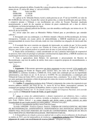 127
data da efetiva quitação do débito, fixando-lhe o prazo de quinze dias para comprovar o recolhimento, nos
termos do art. 23, inciso III, alínea ‘a’, da Lei 8.443/92:
Data Valor (em R$)
05/08/1998 9.158,00
14/01/1999 11.447,50
9.2. aplicar ao Sr. Sebastião Pereira Acioli a multa prevista no art. 57 da Lei 8.443/92, no valor de
R$ 10.000,00 (dez mil reais), fixando-lhe o prazo de quinze dias, a contar da notificação, para que efetue,
e comprove perante o Tribunal, o seu recolhimento aos cofres do Tesouro Nacional, atualizada
monetariamente, a partir do dia seguinte ao término do prazo estabelecido até a data do efetivo
recolhimento, na forma da legislação em vigor;
9.3. autorizar a cobrança judicial das dívidas, caso não atendida a notificação, nos termos do art. 28,
inciso II, da Lei 8.443/92;
9.4. enviar cópia dos autos ao Ministério Público Federal para as providências que entender
cabíveis.”
4. Irresignado com sua condenação, o ex-Prefeito interpôs o Recurso de Reconsideração, de forma
intempestiva. Contudo, em exame prévio de admissibilidade, a SERUR manifestou-se por que a
extemporaneidade do recurso fosse relevada, tendo em vista vislumbrar nas alegações do interessado fato
novo.
5. O aventado fato novo consistiu em alegação do interessado, no sentido de que “já fora punido
pelas mesmas faltas a que se reporta esta Tomada de Contas pelo Egrégio Tribunal de Justiça de
Alagoas, uma vez que ninguém poderá ser punido mais de uma vez pela mesma infração”.
6. Diante desta circunstância, e ainda considerando ser esta a primeira intervenção do responsável
no processo, bem como em prestígio ao princípio constitucional da ampla defesa, a SERUR sustentou sua
manifestação favorável ao conhecimento da peça recursal.
7. Com a aquiescência deste Relator, foi autorizado o processamento do Recurso de
Reconsideração, cujo teor da análise de mérito, bem como a respectiva proposta de encaminhamento, a
seguir transcrevo:
“(...)
MÉRITO
3. Argumento. O Recorrente apresentou um único argumento na peça recursal: já foi punido pelo
Tribunal de Justiça do Estado de Alagoas pelos mesmos fatos, nos autos da Ação Civil Pública n.
2003.000863-2, conforme Acórdão n. 5.04604 (fls. 5/14), tendo sido condenado por ato de improbidade
administrativa, com fulcro no art. 12, II, da Lei n. 8.429/92. No seu entendimento, a condenação pelo
Tribunal de Contas da União (TCU), com base nos mesmos fatos, constituiria “bis in idem”. Não trouxe
aos autos quaisquer documentos a título de prestação de contas dos recursos recebidos do Fundo Nacional
de Assistência Social – FNAS.
3.1. Análise. É competência exclusiva deste Tribunal o julgamento das contas dos responsáveis por
recursos públicos federais, por força do art. 71, inciso II, da Lei Maior, insusceptível, portanto, de
usurpação por qualquer dos poderes da República, dentre os quais se insere o Poder Judiciário.
‘Constituição Federal. Art. 71. O controle externo, a cargo do Congresso Nacional, será exercido
com o auxílio do Tribunal de Contas da União, ao qual compete:
(...)
II - julgar as contas dos administradores e demais responsáveis por dinheiros, bens e valores
públicos da administração direta e indireta, incluídas as fundações e sociedades instituídas e mantidas
pelo Poder Público federal, e as contas daqueles que derem causa a perda, extravio ou outra
irregularidade de que resulte prejuízo ao erário público;’ (Original sem grifo)
3.2. Esse é o entendimento pacífico nesta Corte de Contas.
‘Acórdão 1490/2006 - Primeira Câmara. Sumário. TOMADA DE CONTAS ESPECIAL. RECURSO
DE RECONSIDERAÇÃO. LITISPENDÊNCIA. INDEPENDÊNCIA DAS INSTÂNCIAS. REDUÇÃO DO
DÉBITO PELA INCLUSÃO INDEVIDA DO VALOR DE CONTRAPARTIDA. REDUÇÃO DA MULTA
PELO PRINCÍPIO DA PROPORCIONALIDADE. PROVIMENTO PARCIAL.
1. A litispendência em relação a processo judicial não se aplica em procedimentos de fiscalização
no âmbito do TCU, pois há independência de instâncias e competência exclusiva deste Tribunal para o
julgamento de contas com envolvimento de recursos federais.’ (Original sem grifo)
 