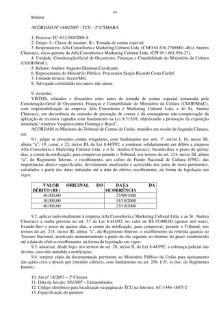 166
Relator
ACÓRDÃO Nº 1446/2007 - TCU - 2ª CÂMARA
1. Processo TC–012.589/2005-8
2. Grupo: I – Classe de assunto: II – Tomada de contas especial.
3. Responsáveis: Alfa Consultoria e Marketing Cultural Ltda. (CNPJ 01.676.278/0001-46) e Andrea
Chiavacci, sócio-gerente da Alfa Consultoria e Marketing Cultural Ltda. (CPF 011.661.956-27).
4. Unidade: Coordenação-Geral de Orçamento, Finanças e Contabilidade do Ministério da Cultura
(CGOF/MinC).
5. Relator: Auditor Augusto Sherman Cavalcanti.
6. Representante do Ministério Público: Procurador Sergio Ricardo Costa Caribé.
7. Unidade técnica: Secex/MG.
8. Advogado constituído nos autos: não atuou.
9. Acórdão:
VISTOS, relatados e discutidos estes autos de tomada de contas especial instaurada pela
Coordenação-Geral de Orçamento, Finanças e Contabilidade do Ministério da Cultura (CGOF/MinC),
com responsabilização da empresa Alfa Consultoria e Marketing Cultural Ltda. e do Sr. Andrea
Chiavacci, em decorrência da omissão de prestação de contas e da conseqüente não-comprovação da
aplicação de recursos captados com fundamento na Lei 8.313/91, objetivando a promoção da exposição
intitulada “Américo Vespúcio entre Florença e Brasil”,
ACORDAM os Ministros do Tribunal de Contas da União, reunidos em sessão da Segunda Câmara,
em:
9.1. julgar as presentes contas irregulares, com fundamento nos arts. 1º, inciso I, 16, inciso III,
alínea “a”, 19, caput, e 23, inciso III, da Lei 8.443/92, e condenar solidariamente em débito a empresa
Alfa Consultoria e Marketing Cultural Ltda. e o Sr. Andrea Chiavacci, fixando-lhes o prazo de quinze
dias, a contar da notificação, para comprovar perante o Tribunal, nos termos do art. 214, inciso III, alínea
“a”, do Regimento Interno, o recolhimento, aos cofres do Fundo Nacional de Cultura (FNC), das
importâncias abaixo especificadas, devidamente atualizadas e acrescidas dos juros de mora pertinentes,
calculados a partir das datas indicadas até a data do efetivo recolhimento, na forma da legislação em
vigor;
VALOR ORIGINAL DO
DÉBITO (R$ )
DATA DA
OCORRÊNCIA
40.000,00 27/09/2000
10.000,00 11/10/2000
40.000,00 23/10/2000
9.2. aplicar individualmente à empresa Alfa Consultoria e Marketing Cultural Ltda. e ao Sr. Andrea
Chiavacci a multa prevista no art. 57 da Lei 8.443/92, no valor de R$ 15.000,00 (quinze mil reais),
fixando-lhes o prazo de quinze dias, a contar da notificação, para comprovar, perante o Tribunal, nos
termos do art. 214, inciso III, alínea “a”, do Regimento Interno, o recolhimento da referida quantia ao
Tesouro Nacional, atualizada monetariamente a partir do dia seguinte ao término do prazo estabelecido
até a data do efetivo recolhimento, na forma da legislação em vigor;
9.3. autorizar, desde logo, nos termos do art. 28, inciso II, da Lei 8.443/92, a cobrança judicial das
dívidas, caso não atendida a notificação;
9.4. remeter cópia da documentação pertinente ao Ministério Público da União para ajuizamento
das ações civis e penais que entender cabíveis, com fundamento no art. 209, § 6º, in fine, do Regimento
Interno.
10. Ata nº 18/2007 – 2ª Câmara
11. Data da Sessão: 5/6/2007 – Extraordinária
12. Código eletrônico para localização na página do TCU na Internet: AC-1446-18/07-2
13. Especificação do quórum:
 