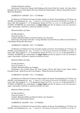17
Unidade: Ministério a Defesa
Interessados: Carina Neve Dantas; Eder Rodrigues De Castro; Edite De Lourdes De Lima; Edson
Rodrigues De Castro; Ercílio Ramos De Lima; Julimar De Fátima Barros e Barros; Jurema Dias Neves e
Maria José Rodrigues.
ACÓRDÃO Nº 1399/2007 - TCU - 2ª CÂMARA
Os Ministros do Tribunal de Contas da União reunidos em Sessão Extraordinária da 2ª Câmara, em
5/6/2007, com fundamento nos arts. 1º, inciso V, e 39, incisos I e II, da Lei nº 8.443/92, c/c os arts. 1º,
inciso VIII; 260, parágrafo 1º e 2º do Regimento Interno do TCU, c/c o art. 15, da Resolução/TCU nº
152/2002, ACORDAM, por unanimidade, em julgar legais para fins de registro os atos de concessão a
seguir relacionados, conforme os pareceres emitidos nos autos
Ministério Público da União
TC 008.216/2007-5
Classe de Assunto: V
Unidade: Ministério Público do Distrito Federal e dos Territórios
Interessados: Elsa Pereira Dos Reis; George Hamilton Lima De Oliveira; Hilma Lima De Oliveira
e Washington Profeta Dos Reis Junior
ACÓRDÃO Nº 1400/2007 - TCU - 2ª CÂMARA
Os Ministros do Tribunal de Contas da União reunidos em Sessão Extraordinária da 2ª Câmara, em
5/6/2007, com fundamento nos arts. 1º, inciso V, e 39, incisos I e II, da Lei nº 8.443/92, c/c os arts. 1º,
inciso VIII; 260, parágrafo 1º e 2º do Regimento Interno do TCU, c/c o art. 15, da Resolução/TCU nº
152/2002, ACORDAM, por unanimidade, em julgar legais para fins de registro os atos de concessão a
seguir relacionados, conforme os pareceres emitidos nos autos
Ministério Público da União
TC 008.262/2007-8
Classe de Assunto: V
Unidade: Ministério Público do Trabalho
Interessados: Ana Cristina Pessoa Da Costa Grande; Doroty Del Guerra Lopes; Maria Aldais
Fernandes Prado; Sheila Pessoa Da Costa Grande e Thalita Pessoa Da Costa Grande.
ACÓRDÃO Nº 1401/2007 - TCU - 2ª CÂMARA
Os Ministros do Tribunal de Contas da União reunidos em Sessão Extraordinária da 2ª Câmara, em
5/6/2007, com fundamento nos arts. 1º, inciso V, e 39, incisos I e II, da Lei nº 8.443/92, c/c os arts. 1º,
inciso VIII; 260, parágrafo 1º e 2º do Regimento Interno do TCU, c/c o art. 15, da Resolução/TCU nº
152/2002, ACORDAM, por unanimidade, em julgar legais para fins de registro os atos de concessão a
seguir relacionados, conforme os pareceres emitidos nos autos
Ministério Público da União
TC 008.232/2007-9
Classe de Assunto: V
Unidade: Ministério Público do Distrito Federal e dos Territórios
Interessados: Maria Sonia Carneiro
ACÓRDÃO Nº 1402/2007 - TCU - 2ª CÂMARA
Os Ministros do Tribunal de Contas da União reunidos em Sessão Extraordinária da 2ª Câmara, em
5/6/2007, com fundamento nos arts. 1º, inciso V, e 39, incisos I e II, da Lei nº 8.443/92, c/c os arts. 1º,
 