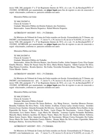 18
inciso VIII; 260, parágrafo 1º e 2º do Regimento Interno do TCU, c/c o art. 15, da Resolução/TCU nº
152/2002, ACORDAM, por unanimidade, em julgar legais para fins de registro os atos de concessão a
seguir relacionados, conforme os pareceres emitidos nos autos
Ministério Público da União
TC 008.239/2007-0
Classe de Assunto: V
Unidade: Ministério Público do Distrito Federal e dos Territórios
Interessados: Isaura Moreira Nogueira e Rafael Moreira Nogueira
ACÓRDÃO Nº 1403/2007 - TCU - 2ª CÂMARA
Os Ministros do Tribunal de Contas da União reunidos em Sessão Extraordinária da 2ª Câmara, em
5/6/2007, com fundamento nos arts. 1º, inciso V, e 39, incisos I e II, da Lei nº 8.443/92, c/c os arts. 1º,
inciso VIII; 260, parágrafo 1º e 2º do Regimento Interno do TCU, c/c o art. 15, da Resolução/TCU nº
152/2002, ACORDAM, por unanimidade, em julgar legais para fins de registro os atos de concessão a
seguir relacionados, conforme os pareceres emitidos nos autos
Ministério Público da União
TC 008.241/2007-8
Classe de Assunto: V
Unidade: Ministério Público do Trabalho
Interessados: Altino De Oliveira Ramos; Ana Ferreira Coelho; Arlete Sampaio Costa; Elza Gaspar
Ginefra Moreira; Maria De Nazare Sena Da Silva; Maria Helena Siqueira; Odette Caetano Da Silva;
Olga Palarea Cezimbra; Rosalia Queiroz Da Cunha; Terezinha Fernandes Rojas; Thiago Leal Rocha e
Victor Mendes Santos.
ACÓRDÃO Nº 1404/2007 - TCU - 2ª CÂMARA
Os Ministros do Tribunal de Contas da União reunidos em Sessão Extraordinária da 2ª Câmara, em
5/6/2007, com fundamento nos arts. 1º, inciso V, e 39, incisos I e II, da Lei nº 8.443/92, c/c os arts. 1º,
inciso VIII; 260, parágrafo 1º e 2º do Regimento Interno do TCU, c/c o art. 15, da Resolução/TCU nº
152/2002, ACORDAM, por unanimidade, em julgar legais para fins de registro os atos de concessão a
seguir relacionados, conforme os pareceres emitidos nos autos
Ministério Público da União
TC 008.257/2007-8
Classe de Assunto: V
Unidade: Ministério Público Federal
Interessados: Ana Navarro De Souza Barboza; Ary Meng Esteves; Aurelina Menezes Perrone;
Benedita Valdirene Da Silva Porto; Celia Simões Avallone; Creuza Lailce Arruda Correa; Erotildes
Ferreira Cesar; Euridice Almeida Fernandes De Oliveira; Jéssica De Sousa Gadelha Neiva Eulálio; Josias
Figueirêdo De Souza; Julia Pedrosa De Paula; Layla Chagas Do Nascimento; Leticia Chagas Do
Nascimento; Levi Santos Nunes; Ligia Maria De Almeida; Lourenço Ligório Fernandes Berimbau;
Marcella Maria Sobreira Jacobino De Barros Nunes; Maria Do Socorro De Fátima Ribeiro Sobreira;
Maria Eunice Soares; Meire Aparecida Chagas Do Nascimento; Miriam Correa Fernandes Da Cunha;
Neusa Maria De Souto; Raimunda Correia Ribeiro; Renata Maria Da Silva Soares Figueirêdo; Rene
Rodrigues Batista; Severina Pereira Dias; Teresa Moacir Da Silva.
ACÓRDÃO Nº 1405/2007 - TCU - 2ª CÂMARA
Os Ministros do Tribunal de Contas da União reunidos em Sessão Extraordinária da 2ª Câmara, em
5/6/2007, com fundamento nos arts. 1º, inciso V, e 39, incisos I e II, da Lei nº 8.443/92, c/c os arts. 1º,
 