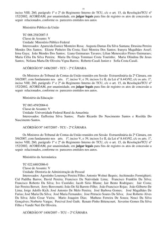 19
inciso VIII; 260, parágrafo 1º e 2º do Regimento Interno do TCU, c/c o art. 15, da Resolução/TCU nº
152/2002, ACORDAM, por unanimidade, em julgar legais para fins de registro os atos de concessão a
seguir relacionados, conforme os pareceres emitidos nos autos
Ministério Público da União
TC 008.258/2007-5
Classe de Assunto: V
Unidade: Ministério Público Federal
Interessados: Aparecida Eunice Monteiro Rosa; Augusta Damas Da Silva Santana; Deusina Pereira
Mendes Dos Santos; Elizete Pinheiro Da Costa; Euzi Moreira Dos Santos; Iranyra Magalhães Assef;
Irma Gaya; João Mendes Dos Santos; Liana Guimaraes Tavares; Lilian Menescalco Flores Guimaraes;
Maria Célia Da Silva Pereira; Maria Da Graça Tommasi Costa Tourinho; Maria Olindina De Jesus
Santos; Neliana Marta De Oliveira Vigna Barros; Roberto Casali Junior e Sofia Costa Casali.
ACÓRDÃO Nº 1406/2007 - TCU - 2ª CÂMARA
Os Ministros do Tribunal de Contas da União reunidos em Sessão Extraordinária da 2ª Câmara, em
5/6/2007, com fundamento nos arts. 1º, inciso V, e 39, incisos I e II, da Lei nº 8.443/92, c/c os arts. 1º,
inciso VIII; 260, parágrafo 1º e 2º do Regimento Interno do TCU, c/c o art. 15, da Resolução/TCU nº
152/2002, ACORDAM, por unanimidade, em julgar legais para fins de registro os atos de concessão a
seguir relacionados, conforme os pareceres emitidos nos autos.
Ministério da Educação
TC 003.459/2004-6
Classe de Assunto: V
Unidade: Universidade Federal Rural da Amazônia
Interessados: Euflozina Silva Santos; Paulo Ricardo Do Nascimento Santos e Rozilda Do
Nascimento Santos.
ACÓRDÃO Nº 1407/2007 - TCU - 2ª CÂMARA
Os Ministros do Tribunal de Contas da União reunidos em Sessão Extraordinária da 2ª Câmara, em
5/6/2007, com fundamento nos arts. 1º, inciso V, e 39, incisos I e II, da Lei nº 8.443/92, c/c os arts. 1º,
inciso VIII; 260, parágrafo 1º e 2º do Regimento Interno do TCU, c/c o art. 15, da Resolução/TCU nº
152/2002, ACORDAM, por unanimidade, em julgar legais para fins de registro os atos de concessão a
seguir relacionados, conforme os pareceres emitidos nos autos.
Ministério da Aeronáutica
TC 022.680/2006-0
Classe de Assunto: V
Unidade: Diretoria de Administração de Pessoal
Interessados: Agostinho Lourenço Pereira Filho; Antonio Wolnei Begnis; Archimedes Formighieri;
Cid Padilha Barros; David Pereira; Francisco Da Natividade Lima; Francisco Franklin Da Silva;
Francisco Roberto Da Silva; Ivo Custódio; Jacob Sirio Blume; Jair Bento Rodrigues; Jair Costa;
Jair Pereira Bersot; Jerry Benvenutti; João De Sá Barreto Filho; João Francisco Rojas; João Gilberto De
Lima; Jorge Adolfo Kich; José Antonio De Melo Pereira; José Barbosa Gomes; José Magalhães De
Farias; José Maria Da Silva; José Maria Fernandes; Jose Petrucio Soares Da Silva; Jose Roberto Alves
Da Silva; Julio Cesar Vieira; Mario Joaquim Dias; Matheus Ferreira De Souza; Neuci Da Silva
Gonçalves; Norberto Vargas; Percival José Guth; Renato Pinho Bittencourt; Severino Gomes Da Silva
Filho e Vandir Neri De Oliveira.
ACÓRDÃO Nº 1408/2007 – TCU – 2ª CÂMARA
 