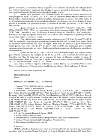 193
padrões envolvidos, ao fundamento de que os padrões são o elemento fundamental da vantagem, tendo
sido o termo “remuneração” empregado para designar o quantum associado a determinado padrão, e não
com o sentido técnico das definições de retribuição fornecidas pela lei.
4. Aduzo, ainda, que assiste razão à Unidade Técnica por considerar indevida a concessão da
vantagem prevista no art. 192, inciso I, da Lei 8.112/90, aos servidores Hermes Francisco Machado, Iara
Prestes Ribas e Johann Gustavo Guillermo Milcherts Hurtadop, pois os mesmos não detêm tempo de
serviço suficiente para obtenção de aposentadoria voluntária com proventos integrais, a despeito de terem
passado à inatividade com proventos integrais por motivo de invalidez permanente (Lei 8.112/90, art.
186, inciso I).
5. Quanto à inclusão, que se constata nos atos de fls. 67/71, 7/11, 12/16, 17/21, 47/51, 67/71,
82/86, 87/91, 2/6, 27/31 e 57/61, em exame nestes autos, de parcelas denominadas “DIF ENQ” e “GAE
S/DIF ENQ”, concedidas a título de diferença de enquadramento no Plano Único de Classificação e
Retribuição de Cargos e Empregos de que trata a Lei 7.596, de 1987, compartilho da proposição da Sefip
de considerar ilegais os atos que as contêm.
6. Com efeito, referida parcela, consoante o disposto no art. 5º, § 2º, do Decreto nº 95.689, de
1988, foi assegurada como vantagem pessoal nominalmente identificável, em valor fixo e não na forma
de percentual, como deferido pelo órgão de origem. Além disso, tal parcela não pode revestir-se de
caráter perene, haja vista o art. 2º, § 4º, da Lei nº 7.923, de 1989, que estabeleceu que as aludidas
vantagens seriam incorporadas aos valores fixados nas tabelas dos anexos da referida norma sem redução
de remuneração.
7. Quanto aos atos de fls. 77/81, 22/26 e 97/101, considerados ilegais pelo controle interno
por conterem a concessão da vantagem do art. 67 da Lei nº 8.112/90 e inclusão da Gratificação por
Trabalhos com Raio X, depreendo que as questões já foram devidamente sanadas em razão de
entendimento desta Corte de Contas, que é regular a percepção dessas vantagens (Acórdão 107/2004-
TCU-2ª Câmara e Decisão nº 243/97-TCU-1ª Câmara).
Dessa forma, anuindo às propostas uniformes da Unidade Técnica e do Ministério Público, o meu
Voto é no sentido de que o Tribunal adote o acórdão que ora submeto à deliberação desta 2ª Câmara.
Sala das Sessões, em 05 de junho de 2007.
AROLDO CEDRAZ
Relator
ACÓRDÃO Nº 1455/2007 - TCU - 2ª CÂMARA
1. Processo: TC 018.853/2004-0 (com 1 volume)
2. Grupo I – Classe V – Aposentadoria.
3. Interessados: Claudina Maria Ruviaro (CPF 072.233.909-72), Elfi Horst (CPF 171.071.569-34)
Enny Arlette Pioli Bassetti (CPF 017.462.519-72), Ernando dos Passos Tavares (CPF 028.101.669-00),
Fernandes Fullan Neto (CPF 155.927.409-30), Geni Maria Guerra (CPF 087.510.729-04), Heitor Jorge de
Araújo (CPF 033.019.319-87), Hermes Francisco Machado (CPF 359.146.539-91), Iaduviga Antoxevis
(CPF 392.680.399-15), Iara Prestes Ribas (CPF 307.763.179-20), Idalina Marques dos Santos Campos
(CPF 170.216.009-25), Ieda Neves de Almeida (CPF 319.371.879-34), Joel de Assis Alves
(CPF 428.447.549-53), Johann Gustavo Guillermo Melcherts Hurtado (CPF 056.498.979-72), Jose
Crippa (CPF 000.121.579-53), Juraci de Almeida (CPF 394.215.549-49), Leda Filus Weber
(CPF 087.057.809-00), Lidia Bohum (CPF 185.629.069-72), Luciano Loureiro de Melo
(CPF 001.001.709-78).
4. Órgão: Universidade Federal do Paraná – MEC
5. Relator: Ministro Aroldo Cedraz.
6. Representante do Ministério Público: Subprocuradora-Geral Maria Alzira Ferreira.
7. Unidade Técnica: Secretaria de Fiscalização de Pessoal (Sefip).
8. Advogado constituído nos autos: não há.
9. Acórdão:
VISTOS, relatados e discutidos estes autos que versam sobre atos de concessão de aposentadoria
expedidos pela Universidade Federal do Paraná, em favor de Claudina Maria Ruviaro, Elfi Horst, Enny
 