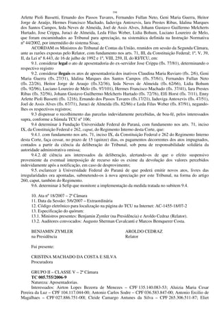 194
Arlette Pioli Bassetti, Ernando dos Passos Tavares, Fernandes Fullan Neto, Geni Maria Guerra, Heitor
Jorge de Araújo, Hermes Francisco Machado, Iaduviga Antoxevis, Iara Prestes Ribas, Idalina Marques
dos Santos Campos, Ieda Neves de Almeida, Joel de Assis Alves, Johann Gustavo Guillermo Melcherts
Hurtado, Jose Crippa, Juraci de Almeida, Leda Filus Weber, Lidia Bohum, Luciano Loureiro de Melo,
que foram encaminhados ao Tribunal para apreciação, na sistemática definida na Instrução Normativa
nº 44/2002, por intermédio do sistema Sisac,
ACORDAM os Ministros do Tribunal de Contas da União, reunidos em sessão da Segunda Câmara,
ante as razões expostas pelo Relator, com fundamento nos arts. 71, III, da Constituição Federal; 1º, V, 39,
II, da Lei nº 8.443, de 16 de julho de 1992 e 1º, VIII, 259, II, do RI/TCU, em:
9.1. considerar legal o ato de aposentadoria do ex-servidor Jose Crippa (fls. 77/81), determinando o
respectivo registro
9.2. considerar ilegais os atos de aposentadoria dos inativos Claudina Maria Ruviaro (fls. 2/6), Geni
Maria Guerra (fls. 27/31), Idalina Marques dos Santos Campos (fls. 57/61), Fernandes Fullan Neto
(fls. 22/26), Heitor Jorge de Araujo (fls.32/36), Ieda Neves de Almeida (fls. 62/66), Lidia Bohum
(fls. 92/96), Luciano Loureiro de Melo (fls. 97/101), Hermes Francisco Machado (fls. 37/41), Iara Prestes
Ribas (fls. 52/56), Johann Gustavo Guilhermo Melcherts Hurtado (fls. 72/76), Elfi Horst (fls. 7/11), Enny
Arlette Pioli Bassetti (fls. 1216), Ernando dos Passos Tavares (fls.17/21), Iaduviga Antoxevis (fls. 47/51),
Joel de Assis Alves (fls. 67/71), Juraci de Almeida (fls. 82/86) e Leda Filus Weber (fls. 87/91), negando-
lhes os respectivos registros;
9.3 dispensar o recolhimento das parcelas indevidamente percebidas, de boa-fé, pelos interessados
supra, conforme a Súmula TCU nº 106;
9.4 determinar à Fundação Universidade Federal do Paraná, com fundamento nos arts. 71, inciso
IX, da Constituição Federal e 262, caput, do Regimento Interno desta Corte, que:
9.4.1. com fundamento nos arts. 71, inciso IX, da Constituição Federal e 262 do Regimento Interno
desta Corte, faça cessar, no prazo de 15 (quinze) dias, os pagamentos decorrentes dos atos impugnados,
contados a partir da ciência da deliberação do Tribunal, sob pena de responsabilidade solidária da
autoridade administrativa omissa;
9.4.2. dê ciência aos interessados da deliberação, alertando-os de que o efeito suspensivo
proveniente da eventual interposição de recurso não os exime da devolução dos valores percebidos
indevidamente após a notificação, em caso de desprovimento;
9.5. esclarecer à Universidade Federal do Paraná de que poderá emitir novos atos, livres das
irregularidades ora apontadas, submetendo-os à nova apreciação por este Tribunal, na forma do artigo
260, caput, também do Regimento.
9.6. determinar à Sefip que monitore a implementação da medida tratada no subitem 9.4.
10. Ata nº 18/2007 – 2ª Câmara
11. Data da Sessão: 5/6/2007 – Extraordinária
12. Código eletrônico para localização na página do TCU na Internet: AC-1455-18/07-2
13. Especificação do quórum:
13.1. Ministros presentes: Benjamin Zymler (na Presidência) e Aroldo Cedraz (Relator).
13.2. Auditores convocados: Augusto Sherman Cavalcanti e Marcos Bemquerer Costa.
BENJAMIN ZYMLER AROLDO CEDRAZ
na Presidência Relator
Fui presente:
CRISTINA MACHADO DA COSTA E SILVA
Procuradora
GRUPO II – CLASSE V – 2ª Câmara
TC 005.755/2006-9
Natureza: Aposentadorias.
Interessados: Airton Lopes Bezerra de Menezes – CPF 135.140.083-53; Aluizia Maria Cesar
Pereira da Luz – CPF 104.117.044-00; Antonio Carlos Sodre – CPF 036.583.847-00; Antonio Ercilio de
Magalhaes – CPF 027.886.751-00l; Cleide Camargo Antunes da Silva – CPF 265.306.511-87; Eliet
 