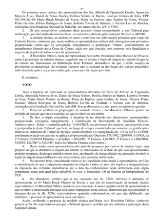 208
Os presentes autos cuidam das aposentadorias dos Srs. Alfredo de Figueiredo Corrêa, Aparecida
Moreira Alves, Daniel de Sousa Simões, Heloísa Simões de Barros, Lourival Ferreira da Silva, CPF
032.349.082-49; Maria Dinah Mendes da Rocha, Maria do Espírito santo Paulino de Sousa, Nicanor
Prates Gusmão, Odilon Rodrigues de Souza, Roberto Correia da Trindade, e Vicente Luiz de Almeida,
concedidas pela Fundação Nacional do Índio/MJ, nos termos das fls. 2/31 e 37/63.
2. Os atos concessórios constantes deste processo foram encaminhados a este Tribunal para
deliberação, por intermédio do sistema Sisac, na sistemática definida pela Instrução Normativa 44/2002.
3. A unidade técnica, ao analisar os autos e com base nas informações prestadas pelo órgão do
Controle Interno, constatou que, muito embora as aposentadorias tenham sido outorgadas com proventos
proporcionais, consta que foi consignada, integralmente, a gratificação “Gdata”, contrariamente ao
entendimento firmado nesta Corte de Contas, razão por que concluiu com proposta pela ilegalidade e
negativa de registro de todos os atos de aposentação.
4. O Ministério Público, neste ato representado pelo nobre Procurador Júlio Marcelo de Oliveira,
anuiu à proposição da unidade técnica, sugerindo que se oriente o órgão de origem no sentido de que se
dê ciência aos interessados da deliberação deste Tribunal, alertando-os de que o efeito suspensivo
proveniente da interposição de eventuais recursos não os eximem da devolução dos valores percebidos
indevidamente após a respectiva notificação, caso esses não sejam providos.
É o relatório.
VOTO
Trata a hipótese de concessão de aposentadorias deferidas em favor de Alfredo de Figueiredo
Corrêa, Aparecida Moreira Alves, Daniel de Sousa Simões, Heloísa Simões de Barros, Lourival Ferreira
da Silva, Maria Dinah Mendes da Rocha, Maria do Espírito santo Paulino de Sousa, Nicanor Prates
Gusmão, Odilon Rodrigues de Souza, Roberto Correia da Trindade, e Vicente Luiz de Almeida,
outorgadas pela Fundação Nacional do Índio/MJ. Sem preliminares a tratar, passo ao mérito da questão.
2. Merecem acolhida as proposições da unidade técnica e do Ministério Público, quanto ao
deslinde da questão que ora se examina, no que se refere ao seu mérito.
3. De fato, o órgão concedente, a despeito de ter deferido aos interessados aposentadorias
proporcionais, consignou, integralmente, a Gratificação de Desempenho de Atividade Técnico-
Administrativa – Gdata –, instituída pela Lei 10.404/2002, nos proventos dos inativos, em desacordo com
a jurisprudência deste Tribunal, que tem, ao longo do tempo, considerado que somente as gratificações
relativas ao Adicional de Tempo de Serviço, quintos/décimos e a vantagem do art. 193 da Lei 8.112/1990,
constituem exceção em que não se aplica a proporcionalidade (Decisões 175/1992, 326/1994, 41/1995, da
2ª Câmara; 593/1994 Plenário, e Acórdãos 1.303/2003, 1ª Câmara; 139/2005, 2ª Câmara e 1.606/2006,
54/2007, 152/2007 e 523/2007, todos da Primeira Câmara, entre outros).
4. Desse modo, essas aposentadorias não poderão prosperar por carecer de amparo legal, sem
prejuízo de que se determine à origem que oriente os interessados no sentido de que suas aposentadorias
poderão prosperar, desde que emitidos novos atos, escoimados da irregularidade ora apontada, devendo o
órgão de origem disponibilizá-los nos sistema Sisac para oportuna deliberação.
5. No presente feito, considerando tratar-se de ilegalidade relacionada à aposentadoria, perfilho
o entendimento de que o julgamento proposto em relação a todos os atos, não implica a obrigatoriedade
da reposição das referidas importâncias até a data do conhecimento desta deliberação pelo órgão
competente, razão pela qual julgo aplicável, in casu, o Enunciado 106 da Súmula de Jurisprudência do
TCU.
6. Por derradeiro, verifico que o ato constante das fls. 32/36, refere-se à alteração de
aposentadoria da Srª Maria Dinah Mendes da Rocha, e que não há manifestação da unidade técnica
especializada e do Ministério Público quanto à essa concessão. Como o registro inicial da aposentadoria à
que se refere a mencionada alteração está sendo impugnado nesta ocasião, determino que seja procedido o
destaque do ato de fls. 32/36. constituindo-se apartado, sobrestando-o, até que seja deliberado, em
definitivo, o processo de aposentadoria da ex-servidora.
Assim, acolhendo a proposta da unidade técnica perfilhada pelo Ministério Público conforme
parecer de fls. 66, manifesto-me por que o Tribunal aprove o acórdão que ora submeto à apreciação desta
Segunda Câmara.
 