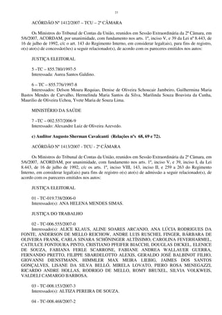 23
ACÓRDÃO Nº 1412/2007 – TCU – 2ª CÂMARA
Os Ministros do Tribunal de Contas da União, reunidos em Sessão Extraordinária da 2ª Câmara, em
5/6/2007, ACORDAM, por unanimidade, com fundamento nos arts. 1º, inciso V, e 39 da Lei nº 8.443, de
16 de julho de 1992, c/c o art. 143 do Regimento Interno, em considerar legal(ais), para fins de registro,
o(s) ato(s) de concessão(ões) a seguir relacionado(s), de acordo com os pareceres emitidos nos autos:
JUSTIÇA ELEITORAL
5 –TC – 855.780/1997-5
Interessada: Aurea Santos Galdino.
6 – TC – 855.776/1997-8
Interessados: Delson Moura Requiao, Denise de Oliveira Schoucair Jambeiro, Guilhermina Maria
Bastos Mendes de Carvalho, Hermelinda Maria Santos da Silva, Marilinda Souza Boavista da Cunha,
Maurilio de Oliveira Uchoa, Yvete Maria de Souza Lima.
MINISTÉRIO DA SAÚDE
7 –TC – 002.557/2006-9
Interessado: Alexandre Luiz de Oliveira Azevedo.
c) Auditor Augusto Sherman Cavalcanti (Relações nºs 68, 69 e 72).
ACÓRDÃO Nº 1413/2007 - TCU - 2ª CÂMARA
Os Ministros do Tribunal de Contas da União, reunidos em Sessão Extraordinária da 2ª Câmara, em
5/6/2007, ACORDAM, por unanimidade, com fundamento nos arts. 1º, inciso V, e 39, inciso I, da Lei
8.443, de 16 de julho de 1992, c/c os arts. 1º, inciso VIII, 143, inciso II, e 259 a 263 do Regimento
Interno, em considerar legal(ais) para fins de registro o(s) ato(s) de admissão a seguir relacionado(s), de
acordo com os pareceres emitidos nos autos:
JUSTIÇA ELEITORAL
01 - TC-019.738/2006-0
Interessado(s): ANA HELENA MENDES SIMAS.
JUSTIÇA DO TRABALHO
02 - TC-006.555/2007-0
Interessado(s): ALICE KLAUS, ALINE SOARES ARCANJO, ANA LÚCIA RODRIGUES DA
FONTE, ANDERSON DE MELLO REICHOW, ANDRE LUIS RUSCHEL FINGER, BÁRBARA DE
OLIVEIRA FRANK, CARLA SINARA SCHÖNINGER ALTÍSSIMO, CAROLINA FEVERHARMEL,
CATIULCE FONTOURA PINTO, CRISTIANO PFEIFER BIACCHI, DOUGLAS DICKEL, ELENICE
DE SOUZA, FABIANA FERLE SCARRONE, FABIANE ANDREA WALLAUER GUERRA,
FERNANDO PRETTO, FILIPPE SBARDELOTTO ALEXIS, GERALDO JOSÉ BALBINOT FILHO,
GIOVANNI DIENSTMANN, HIMMLER MAX MEIRA LIEBIG, JAIMES DOS SANTOS
GONÇALVES, LISANE DA SILVA BELLÓ, MIRELA LOVATO, PIERO ROSA MENEGAZZI,
RICARDO ANDRE HOLLAS, RODRIGO DE MELLO, ROMY BRUXEL, SILVIA VOLKWEIS,
VALDELI CAMARGO BARBOSA.
03 - TC-008.153/2007-3
Interessado(s): ALTIZA PEREIRA DE SOUZA.
04 - TC-008.468/2007-2
 
