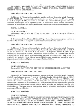 24
Interessado(s): FABIANA DE OLIVEIRA ROCHA MORAES GATTI, JOSÉ ROBERTO GOMES
JUNIOR, JULIANA DA COSTA ROSTIROLA AVEIRO SALDANHA, MARCOS ROBERTO
ESPOSITO, SERGIO ROBERTO LIMA.
ACÓRDÃO Nº 1414/2007 - TCU - 2ª CÂMARA
Os Ministros do Tribunal de Contas da União, reunidos em Sessão Extraordinária da 2ª Câmara, em
5/6/2007, ACORDAM, por unanimidade, com fundamento nos arts. 1º, inciso V, e 39, inciso I, da Lei
8.443, de 16 de julho de 1992, c/c os arts. 1º, inciso VIII, 143 e 259 a 263 do Regimento Interno, em
considerar legal(ais) para fins de registro o(s) ato(s) de admissão de pessoal a seguir relacionado(s),
fazendo-se a(s) determinação(ões) e/ou recomendação(ões) sugerida(s) nos pareceres emitidos nos autos:
JUSTIÇA ELEITORAL
05 - TC-000.179/2006-5
Interessado(s): FRANCISCO DE ASSIS FELIPE, JAIR LEMOS, RAIMUNDA CÂNDIDA
TEIXEIRA.
1. Determinar ao Tribunal Regional Eleitoral/MG que observe rigorosamente os prazos previstos na
Lei 8.112/1990, abstendo-se de suspendê-los em razão de recesso ou de férias forenses.
ACÓRDÃO Nº 1415/2007 - TCU - 2ª CÂMARA
Os Ministros do Tribunal de Contas da União, reunidos em Sessão Extraordinária da 2ª Câmara, em
5/6/2007, com fundamento nos arts. 1º, inciso V, e 39, inciso I, da Lei 8.443, de 16 de julho de 1992, c/c
os arts. 1º, inciso VIII, 143, inciso II, e 259, inciso I, do Regimento Interno, ACORDAM, por
unanimidade, em considerar legal(ais) para fins de registro o(s) ato(s) de admissão (ões) a seguir
relacionado(s), de acordo com o pareceres emitidos nos autos, destacando-se o(s) ato(s) de fls. 2/3,
relativo(s) à(s) admissões (s) de Adir de Moraes Monteiro, para autuação em apartado e posterior
julgamento, autorizando-se a diligência proposta pelo Ministério Público.
MINISTÉRIO DA DEFESA
06 - TC-002.030/2006-8
Interessado(s): CLAITON NAYSINGER WEIDE, DIONI LEURRI MACIEL ALEGRANZI.
ACÓRDÃO Nº 1416/2007 - TCU - 2ª CÂMARA
Os Ministros do Tribunal de Contas da União, reunidos em Sessão Extraordinária da 2ª Câmara, em
5/6/2007, com fundamento nos arts. 1º, inciso V, e 39, inciso II, da Lei 8.443, de 16 de julho de 1992, c/c
os arts. 1º, inciso VIII, 143, inciso II e § 1º; e 259 a 263 do Regimento Interno, ACORDAM, por
unanimidade, em considerar legal(ais) para fins de registro o(s) ato(s) de concessão (ões) a seguir
relacionado(s), fazendo-se a(s) determinação(ões) e/ou recomendação(ões) sugerida(s) nos pareceres
emitidos nos autos, destacando-se o(s) ato(s) de fls. 102/6, relativo(s) à(s) aposentadoria (s) de Pedro
Candido Ferreira Filho, para autuação em apartado e posterior julgamento, autorizando-se a diligência
proposta pelo Ministério Público.
MINISTÉRIO DA DEFESA
07 - TC-023.374/2006-0
Interessado(s): ELIONETE FARIAS DE ALBUQUERQUE, ELIZABETH MARIA LOUREIRO
GIL, ERIKIMAR PIRES ABREU, FRANCISCO GOMES DOS SANTOS, JACIRA SALES DA
COSTA, JOSE FRANCISCO DA SILVA, LOURDES ALVES ROSA, MANOEL LEONCIO DA
MOTA, MARIA DO SOCORRO DE OLIVEIRA, MARIA FERREIRA LIMA, MARIA JOSE RIBEIRO
DA COSTA, MARLI DANTAS, MYRNA MARIA CHAVES DE VASCONCELOS, NELZIRA ALVES
 