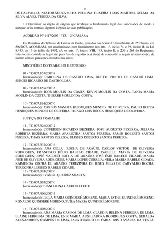 25
DE CARVALHO, NESTOR SOUZA NETO, PEDRINA TEIXEIRA TEJAS MARTINS, SELMA DA
SILVA ALVES, TEREZA DA SILVA.
1. Determinar ao órgão de origem que retifique o fundamento legal das concessões de modo a
adequar-se às normas vigentes à época de suas publicações.
ACÓRDÃO Nº 1417/2007 - TCU - 2ª CÂMARA
Os Ministros do Tribunal de Contas da União, reunidos em Sessão Extraordinária da 2ª Câmara, em
5/6/2007, ACORDAM, por unanimidade, com fundamento nos arts. 1º, inciso V, e 39, inciso II, da Lei
8.443, de 16 de julho de 1992, c/c os arts. 1º, inciso VIII, 143, inciso II, e 259 a 263 do Regimento
Interno, em considerar legal(ais) para fins de registro o(s) ato(s) de concessão a seguir relacionado(s), de
acordo com os pareceres emitidos nos autos:
MINISTÉRIO DO TRABALHO E EMPREGO
08 - TC-007.153/2007-9
Interessado(s): CAROLINA DE CASTRO LIMA, ODETTE PRIETO DE CASTRO LIMA,
SERGIO RICARDO DE CASTRO LIMA.
09 - TC-007.159/2007-2
Interessado(s): IGOR MOULIN DA COSTA, KEVIN MOULIN DA COSTA, TANIA MARIA
MOULIN DA COSTA, THIERRE MOULIN DA COSTA.
10 - TC-007.161/2007-0
Interessado(s): CARLOS MANOEL HENRIQUES MENDES DE OLIVEIRA, PAULO BOCCA
HENRIQUES MENDES DE OLIVEIRA, THIAGO LUIS BOCCA HENRIQUES DE OLIVEIRA.
JUSTIÇA DO TRABALHO
11 - TC-007.326/2007-2
Interessado(s): JEFFERSON RICARDO BEZERRA, JOSE AUGUSTO BEZERRA, JULIANA
ROBERTA BEZERRA, MARIA APARECIDA SANTOS PEREIRA, SAMIR ROBERTO SANTOS
PEREIRA, THAIS SANTOS PEREIRA, ULISSES ROBERTO SANTOS PEREIRA.
12 - TC-007.337/2007-6
Interessado(s): ANA CELIA ROCHA DE ARAÚJO, CARLOS VICTOR DE OLIVEIRA
RODRIGUES, FRANCISCO HÉLIO RABELO CIDADE, ISABELLE MARIA DE OLIVEIRA
RODRIGUES, JOSÉ VALDECI ROCHA DE ARAÚJO, JOSÉ ÉSIO RABELO CIDADE, MARIA
JOSÉ DE OLIVEIRA RODRIGUES, MARIA LOPES CORREIA, NEILA MARIA RABELO CIDADE,
RAIMUNDA ROCHA DE ARAÚJO, TEREZINHA DE JESUS MELO DE CARVALHO ROCHA,
TEREZINHA LISIEUX RABELO CIDADE.
13 - TC-007.391/2007-0
Interessado(s): IVANISE QUEIROZ SOARES.
14 - TC-007.395/2007-0
Interessado(s): BIANCOLINA CARDOSO LEITE.
15 - TC-007.406/2007-5
Interessado(s): LEILA MARIA QUINDERÉ MORENO, MARIA ESTER QUINDERÉ MORENO,
RONALDO QUINDERÉ MORENO, ZUÍLA MARIA QUINDERÉ MORENO.
16 - TC-007.408/2007-0
Interessado(s): ANA MARIA CAMPOS DE LIMA, CLÁUDIA HELENA FERREIRA DE LIMA,
ELAINE FERREIRA DE LIMA, ENIR MARIA AUXILIADORA RODRIGUES COSTA, GERALDA
ALEXANDRINA CAMPOS DE LIMA, IARA FRANCO DE FARIA, IRIS TAVARES DA COSTA,
 