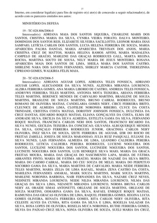 27
Interno, em considerar legal(ais) para fins de registro o(s) ato(s) de concessão a seguir relacionado(s), de
acordo com os pareceres emitidos nos autos:
MINISTÉRIO DA DEFESA
19 - TC-028.806/2006-0
Interessado(s): ADRIANA MAIA DOS SANTOS SIQUEIRA, CHARLENE MARIS DOS
SANTOS, CRISTINA MARIA DA SILVA, CYNIRA VIEIRA FORATO, DALVA MONTEIRO,
DOMINGOS DOS SANTOS REIS, ELIZABETE SILVEIRA SACILLOTTO, LEONOR MARIA DIAS
SAMPAIO, LETÍCIA CARLOS DOS SANTOS, LUCIA HELENA FERREIRA DE SOUZA, MARIA
APARECIDA PALMA DANTAS, MARIA APARECIDA TREVISAN DOS ANJOS, MARIA
CRISITNA CRUZ DE MATTOS, MARIA HELENA RAMOS AFFINI, MARIA MADALENA
CAMPELO DE ARAÚJO, MARLENE DAS GRAÇAS RODRIGUES GALL, MARTA REGINA
ROCHA, MARTINA SOUTO DE SOUSA, NELY MARIA DE JESUS MONTEIRO, ROSANA
APARECIDA MAIA DOS SANTOS DE LIMA, SHEILA MARA DOS SANTOS CASTRO,
SHIRLENE NARA DOS SANTOS FERNANDES, SHIRLEY MARCIA CASTOR, THEREZINHA
CIPRIANO GOMES, WALKIRIA FÉLIX MAIA.
20 - TC-028.829/2006-5
Interessado(s): ADRIANA AGUIAR LOPES, ADRIANA TELES FONSECA, ADRIANO
AGUIAR LOPES, ALECSANDER DA SILVA NUNES, ALZENIRA MIRANDA LOURENCO,
ALZIRA FERREIRA GOMES, ANA MARIA LIBORIO DE CASTRO, ANDREIA TELES FONSECA,
ANDRYWS FERREIRA TELES MARTINS, ANTONIA MOTA TEIXEIRA, ARIANA FERREIRA
TELES MARTINS, BERENICE MENDES DE CARVALHO MARTINS, BRASLENE DE SOUZA
MARTINS, BRASLENE DE SOUZA MARTINS, BRUNO CABRAL RODRIGUES, BRUNO
ROMANO DE OLIVEIRA MATIAS, CANDELARIA GOMES NERY, CIRCE FERREIRA BRITO,
CLEUNICE DE ALMEIDA LIMA, CLOTILDE NORONHA RIBEIRO, CLYCE DA COSTA
TRINDADE, CRISTINA COSTA MATIAS, DOROTHY JOHNSON FONSECA, DULCINEIA DA
CRUZ DANTAS, EDUARDO ROQUE MATIAS, ELIANA GONÇALVES DA COSTA, ELMA DE
ANDRADE SILVA, ERCILIA DA SILVA ALMEIDA, ESTELITA GAMA DA SILVA, FERNANDO
ROQUE MATIAS, FRANCISCA CARLOS NERI DOS SANTOS, FRANCISCO RICARDO DA
SILVA NUNES, GECILDA TEIXEIRA DA CONCEICAO, GILVANIA ALBUQUERQUE MENDES
DA SILVA, GONÇALO FERREIRA RODRIGUES JUNIOR, GRACINHA CARLOS NERY
OLIVEIRA, INEZ SILVA DE SOUZA, IZETE FERREIRA DE AGUIAR, IZIR DO ROCIO DE
FREITAS ZARELLI, JOSEFA DE SOUZA MARANHAO, JULIA RUIZ PASQUALI, JULIANE DA
SILVA NUNES, LAIS FERNANDA ALMEIDA DE LIMA, LEANDRO CALDEIRA PEREIRA
RODRIGUES, LETICIA CALDEIRA PEREIRA RODRIGUES, LUCIENE NOGUEIRA DOS
SANTOS, LUCILENE NOGUEIRA DOS SANTOS, LUCINEIDE NOGUEIRA DOS SANTOS,
LUCINETE NOGUEIRA DOS SANTOS, LUIS HENRIQUE SILVA MAIO, MARIA DA GRACA
FREITAS MOURA, MARIA DAS GRAÇAS DO NASCIMENTO LAPA, MARIA DE FÁTIMA
ABRANTES PINTO, MARIA DE FÁTIMA ARAÚJO, MARIA DE NAZARÉ DA SILVA BRITO,
MARIA DO CARMO CABRAL, MARIA DO CEU SOUZA DE MELO, MARIA DO PERPETUO
SOCORRO GAMA DA SILVA, MARIA MARTINS DE CARVALHO, MARIA NEIDE FERREIRA
TELES MARTINS, MARIA ZELIA DE LIMA RAFAEL, MARIA ZENA CASTRO DA COSTA,
MARILENA FERNANDES AMARAL, MARK SOUZA MARTINS, MARK SOUZA MARTINS,
MARLENE NORONHA BARBOSA, NAIR FERNANDES DA SILVA, NAZARE CRUZ NEVES,
NEDINETE MIRANDA LOURENCO, NEIDE NILDA MIRANDA LOURENCO, NILMA DAS
GRAÇAS DA SILVA LIMA, NIZANETI MIRANDA LOURENCO, NORMA BRUNA CARLOS
NERY AS, ORAIDE SIMAS ANTONETTI, ORLEANE DE SOUZA MARTINS, ORLEANE DE
SOUZA MARTINS, OSMARINA GAMA DA SILVA, RAFAEL ENRIQUE ROQUE MATIAS,
RAIMUNDA DAS GRACAS OLIVEIRA DE LIMA, RAQUEL FERREIRA GOMES, REGINA LUCIA
GOMES OLIVEIRA, RENATA FERREIRA GOMES, RITA CARLOS NERY OLIVEIRA, RITA
CELESTE ALVES DA CUNHA, RITA GAMA DA SILVA E LIMA, ROGELIA SALAZAR DA
SILVA, ROSA LOPES DE OLIVEIRA, ROSELIA MUCA NORONHA, RUTHE FERREIRA GOMES,
SILVIA DA PAIXAO CRUZ SILVA, SONIA OLIVEIRA DE SOUZA, SUELI MARIA DA CRUZ,
 
