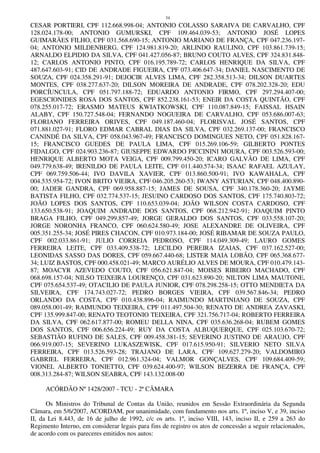 34
CESAR PORTIERI, CPF 112.668.998-04; ANTONIO COLASSO SARAIVA DE CARVALHO, CPF
128.024.178-00; ANTONIO GUMURSKI, CPF 109.464.039-53; ANTONIO JOSÉ LOPES
GUIMARÃES FILHO, CPF 031.568.690-15; ANTONIO MARIANO DE FRANÇA, CPF 047.236.197-
04; ANTONIO MILDENBERG, CPF 124.981.819-20; ARLINDO RAULINO, CPF 103.861.739-15;
ARNALDO ELPIDIO DA SILVA, CPF 041.427.056-87; BRUNO COUTO ALVES, CPF 324.831.848-
12; CARLOS ANTONIO PINTO, CPF 016.195.789-72; CARLOS HENRIQUE DA SILVA, CPF
487.647.603-91; CID DE ANDRADE FIGUEIRA, CPF 073.406.647-34; DANIEL NASCIMENTO DE
SOUZA, CPF 024.358.291-91; DEJOCIR ALVES LIMA, CPF 282.358.513-34; DILSON DUARTES
MONTES, CPF 038.277.637-20; DILSON MOREIRA DE ANDRADE, CPF 078.202.328-20; EDU
PORCÍUNCULA, CPF 051.797.188-72; EDUARDO ANTONIO FIRMO, CPF 297.294.407-00;
EGESCIONIDES ROSA DOS SANTOS, CPF 852.238.161-53; ENEIR DA COSTA QUINTÃO, CPF
078.255.017-72; ERASMO MATEUS KWIATKOWSKI, CPF 110.087.849-15; FAISSAL HSAIN
ALABY, CPF 150.727.548-04; FERNANDO NOGUEIRA DE CARVALHO, CPF 053.686.007-63;
FLORIANO FERREIRA ORIVES, CPF 049.187.460-04; FLORISVAL JOSÉ SANTOS, CPF
071.881.027-91; FLORO EDMAR CABRAL DIAS DA SILVA, CPF 032.269.137-00; FRANCISCO
CANINDÉ DA SILVA, CPF 058.043.967-49; FRANCISCO DOMINGUES NETO, CPF 051.828.167-
15; FRANCISCO GUEDES DE PAULA LIMA, CPF 015.269.106-59; GILBERTO PONTES
FIDALGO, CPF 024.903.236-87; GIUSEPPE EDWARDO PICCININI MOURA, CPF 003.526.593-00;
HENRIQUE ALBERTO MOTA VEIGA, CPF 009.799.450-20; ICARO GALVÃO DE LIMA, CPF
049.779.638-49; IRENILDO DE PAULA LEITE, CPF 011.440.574-34; ISAAC RAFAEL AZULAY,
CPF 069.759.506-44; IVO DAVILA XAVIER, CPF 013.860.500-91; IVO KAWAHALA, CPF
004.535.954-72; IVON BRITO VIEIRA, CPF 046.205.260-53; IWANY ASTURIAN, CPF 048.400.890-
00; JADER GANDRA, CPF 069.958.887-15; JAMES DE SOUSA, CPF 340.178.360-20; JAYME
BATISTA FILHO, CPF 032.774.537-15; JESUINO CARDOSO DOS SANTOS, CPF 175.740.803-72;
JOÃO LOPES DOS SANTOS, CPF 110.653.039-04; JOÃO WILSON COSTA CARDOSO, CPF
133.650.538-91; JOAQUIM ANDRADE DOS SANTOS, CPF 068.212.942-91; JOAQUIM PINTO
BRAGA FILHO, CPF 049.299.857-49; JORGE GERALDO DOS SANTOS, CPF 033.558.107-20;
JORGE NORONHA FRANCO, CPF 060.624.580-49; JOSE ALEXANDRE DE OLIVEIRA, CPF
005.351.255-34; JOSÉ PIRES CHACON, CPF 010.973.184-00; JOSÉ RIBAMAR DE SOUZA PAULO,
CPF 002.033.861-91; JULIO CORREIA PEDROSO, CPF 114.049.309-49; LAURO GOMES
FERREIRA LEITE, CPF 033.409.538-72; LECILDO PEREIRA IZAIAS, CPF 037.162.527-00;
LEONIDAS SASSO DAS DORES, CPF 059.667.440-68; LISTER MAIA LOBÃO, CPF 065.368.677-
34; LUIZ BASTOS, CPF 000.458.021-49; MARCO AURÉLIO ALVES DE MOURA, CPF 010.479.143-
87; MOACYR AZEVEDO COUTO, CPF 056.621.847-04; MOISES RIBEIRO MACHADO, CPF
068.698.157-04; NILSO TEIXEIRA LOURENÇO, CPF 031.623.890-20; NILTON LIMA MAUTONE,
CPF 075.654.537-49; OTACILIO DE PAULA JUNIOR, CPF 078.298.258-15; OTTO MENDIETA DA
SILVEIRA, CPF 174.743.027-72; PEDRO BORGES VIEIRA, CPF 039.567.846-34; PEDRO
ORLANDO DA COSTA, CPF 010.438.896-04; RAIMUNDO MARTINIANO DE SOUZA, CPF
089.058.001-49; RAIMUNDO TEIXEIRA, CPF 011.497.504-30; RENATO DE ANDREA ZAVASKI,
CPF 135.999.847-00; RENATO TEOTONIO TEIXEIRA, CPF 321.756.717-04; ROBERTO FERREIRA
DA SILVA, CPF 062.617.877-00; ROMEU DELLA NINA, CPF 035.636.268-04; RUBEM GOMES
DOS SANTOS, CPF 006.656.224-49; RUY DA COSTA ALBUQUERQUE, CPF 025.103.670-72;
SEBASTIÃO RUFINO DE SALES, CPF 009.458.381-15; SEVERINO JUSTINO DE ARAUJO, CPF
066.919.007-15; SEVERINO LUKASZEWISK, CPF 017.615.950-91; SILVERIO NETO SILVA
FERREIRA, CPF 013.526.593-28; TRAJANO DE LARA, CPF 109.627.279-20; VALDOMIRO
GABRIEL FERREIRA, CPF 012.961.324-04; VALMOR GONÇALVES, CPF 109.684.409-59;
VIONEL ALBERTO TONIETTO, CPF 039.624.400-97; WILSON BEZERRA DE FRANÇA, CPF
008.313.284-87; WILSON SEABRA, CPF 143.132.008-00
ACÓRDÃO Nº 1428/2007 - TCU - 2ª CÂMARA
Os Ministros do Tribunal de Contas da União, reunidos em Sessão Extraordinária da Segunda
Câmara, em 5/6/2007, ACORDAM, por unanimidade, com fundamento nos arts. 1º, inciso V, e 39, inciso
II, da Lei 8.443, de 16 de julho de 1992, c/c os arts. 1º, inciso VIII, 143, inciso II, e 259 a 263 do
Regimento Interno, em considerar legais para fins de registro os atos de concessão a seguir relacionados,
de acordo com os pareceres emitidos nos autos:
 