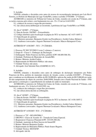 41
3351).
9. Acórdão:
VISTOS, relatados e discutidos estes autos de recurso de reconsideração interposto por Luís Revil
Ferreira, ex-Prefeito do Município de Lago Verde/MA, contra o acórdão 2754/2006 – 2ª Câmara;
ACORDAM os ministros do Tribunal de Contas da União, reunidos em sessão da 2ª Câmara, ante
as razões expostas pelo relator, com fundamento nos arts. 32 e 33 da Lei 8.443/1992:
9.1. conhecer do recurso e negar-lhe provimento;
9.2. dar ciência desta deliberação ao recorrente, à prefeitura de Lago Verde/MA e ao FNDE.
10. Ata nº 18/2007 – 2ª Câmara
11. Data da Sessão: 5/6/2007 – Extraordinária
12. Código eletrônico para localização na página do TCU na Internet: AC-1437-18/07-2
13. Especificação do quórum:
13.1. Ministros presentes: Benjamin Zymler (na Presidência) e Aroldo Cedraz (Relator).
13.2. Auditores convocados: Augusto Sherman Cavalcanti e Marcos Bemquerer Costa.
ACÓRDÃO Nº 1438/2007 - TCU - 2ª CÂMARA
1. Processo TC 003.787/2005-5 (com 2 volumes e 2 anexos).
2. Grupo II – Classe I – Embargos de Declaração.
3. Embargante: Pedro Francisco da Silva, prefeito (CPF 188.889.506-30).
4. Entidade: Prefeitura do Município de Areado/MG.
5. Relator: Ministro Aroldo Cedraz.
6. Representante do Ministério Público: não atuou.
7. Unidade Técnica: não atuou.
8. Advogado: José Salomão Neto (OAB/MG 61.347).
9. Acórdão:
VISTOS, relatados e discutidos estes autos de embargos de declaração interpostos por Pedro
Francisco da Silva, prefeito do município mineiro de Areado, contra o acórdão 634/2007 – 2ª Câmara,
que o condenou ao recolhimento do débito de R$ 30.000,00 e aplicou-lhe multa de R$ 5.000,00 em razão
do não cumprimento do objeto do convênio 2648/19998, firmado com o Fundo Nacional de Saúde – FNS
para apoiar a construção e o aparelhamento de unidade de saúde no município;
ACORDAM os ministros do Tribunal de Contas da União, reunidos em sessão da 2ª Câmara, com
fundamento nos arts. 32 e 34 da Lei 8.443/1992, em:
9.1. conhecer dos embargos e negar-lhes provimento;
9.2. dar ciência desta decisão ao embargante.
10. Ata nº 18/2007 – 2ª Câmara
11. Data da Sessão: 5/6/2007 – Extraordinária
12. Código eletrônico para localização na página do TCU na Internet: AC-1438-18/07-2
13. Especificação do quórum:
13.1. Ministros presentes: Benjamin Zymler (na Presidência) e Aroldo Cedraz (Relator).
13.2. Auditores convocados: Augusto Sherman Cavalcanti e Marcos Bemquerer Costa.
ACÓRDÃO Nº 1439/2007- TCU - 2ª CÂMARA
1. Processo: n º TC - 002.650/2006-3
2. GRUPO I - Classe de Assunto: II – Tomada de Contas Especial.
3. Responsável: Francisco Pimentel (CPF: 335.939.308-20).
4. Entidade: município de Bom Sucesso de Itararé/SP.
5. Relator: Ministro Benjamin Zymler.
6. Representante do Ministério Público: Paulo Soares Bugarin.
7. Unidade Técnica: SECEX/SP.
8. Advogado: não há.
 