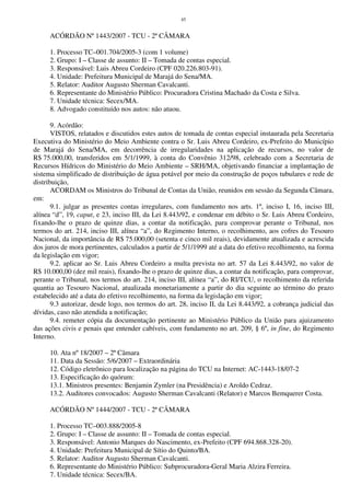 45
ACÓRDÃO Nº 1443/2007 - TCU - 2ª CÂMARA
1. Processo TC–001.704/2005-3 (com 1 volume)
2. Grupo: I – Classe de assunto: II – Tomada de contas especial.
3. Responsável: Luis Abreu Cordeiro (CPF 020.226.803-91).
4. Unidade: Prefeitura Municipal de Marajá do Sena/MA.
5. Relator: Auditor Augusto Sherman Cavalcanti.
6. Representante do Ministério Público: Procuradora Cristina Machado da Costa e Silva.
7. Unidade técnica: Secex/MA.
8. Advogado constituído nos autos: não atuou.
9. Acórdão:
VISTOS, relatados e discutidos estes autos de tomada de contas especial instaurada pela Secretaria
Executiva do Ministério do Meio Ambiente contra o Sr. Luis Abreu Cordeiro, ex-Prefeito do Município
de Marajá do Sena/MA, em decorrência de irregularidades na aplicação de recursos, no valor de
R$ 75.000,00, transferidos em 5/1/1999, à conta do Convênio 312/98, celebrado com a Secretaria de
Recursos Hídricos do Ministério do Meio Ambiente – SRH/MA, objetivando financiar a implantação de
sistema simplificado de distribuição de água potável por meio da construção de poços tubulares e rede de
distribuição,
ACORDAM os Ministros do Tribunal de Contas da União, reunidos em sessão da Segunda Câmara,
em:
9.1. julgar as presentes contas irregulares, com fundamento nos arts. 1º, inciso I, 16, inciso III,
alínea “d”, 19, caput, e 23, inciso III, da Lei 8.443/92, e condenar em débito o Sr. Luis Abreu Cordeiro,
fixando-lhe o prazo de quinze dias, a contar da notificação, para comprovar perante o Tribunal, nos
termos do art. 214, inciso III, alínea “a”, do Regimento Interno, o recolhimento, aos cofres do Tesouro
Nacional, da importância de R$ 75.000,00 (setenta e cinco mil reais), devidamente atualizada e acrescida
dos juros de mora pertinentes, calculados a partir de 5/1/1999 até a data do efetivo recolhimento, na forma
da legislação em vigor;
9.2. aplicar ao Sr. Luis Abreu Cordeiro a multa prevista no art. 57 da Lei 8.443/92, no valor de
R$ 10.000,00 (dez mil reais), fixando-lhe o prazo de quinze dias, a contar da notificação, para comprovar,
perante o Tribunal, nos termos do art. 214, inciso III, alínea “a”, do RI/TCU, o recolhimento da referida
quantia ao Tesouro Nacional, atualizada monetariamente a partir do dia seguinte ao término do prazo
estabelecido até a data do efetivo recolhimento, na forma da legislação em vigor;
9.3 autorizar, desde logo, nos termos do art. 28, inciso II, da Lei 8.443/92, a cobrança judicial das
dívidas, caso não atendida a notificação;
9.4. remeter cópia da documentação pertinente ao Ministério Público da União para ajuizamento
das ações civis e penais que entender cabíveis, com fundamento no art. 209, § 6º, in fine, do Regimento
Interno.
10. Ata nº 18/2007 – 2ª Câmara
11. Data da Sessão: 5/6/2007 – Extraordinária
12. Código eletrônico para localização na página do TCU na Internet: AC-1443-18/07-2
13. Especificação do quórum:
13.1. Ministros presentes: Benjamin Zymler (na Presidência) e Aroldo Cedraz.
13.2. Auditores convocados: Augusto Sherman Cavalcanti (Relator) e Marcos Bemquerer Costa.
ACÓRDÃO Nº 1444/2007 - TCU - 2ª CÂMARA
1. Processo TC–003.888/2005-8
2. Grupo: I – Classe de assunto: II – Tomada de contas especial.
3. Responsável: Antonio Marques do Nascimento, ex-Prefeito (CPF 694.868.328-20).
4. Unidade: Prefeitura Municipal de Sítio do Quinto/BA.
5. Relator: Auditor Augusto Sherman Cavalcanti.
6. Representante do Ministério Público: Subprocuradora-Geral Maria Alzira Ferreira.
7. Unidade técnica: Secex/BA.
 