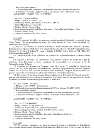 50
13. Especificação do quórum:
13.1. Ministros presentes: Benjamin Zymler (na Presidência) e Aroldo Cedraz (Relator).
13.2. Auditores convocados: Augusto Sherman Cavalcanti e Marcos Bemquerer Costa.
ACÓRDÃO Nº 1449/2007 - TCU - 2ª CÂMARA
1. Processo TC 020.915/1992-6
2. Grupo I – Classe V – Pensão Civil
3. Interessada: Nelma Albino Tomaz (CPF 036.811.448-18)
4. Órgão: Ministério dos Transportes
5. Relator: Ministro Aroldo Cedraz
6. Representante do Ministério Público: Procuradora Cristina Machado da Costa e Silva
7. Unidade Técnica: Sefip
8. Advogado constituído nos autos: não há
9. Acórdão:
VISTOS, relatados e discutidos estes autos que tratam de pensão civil instituída em nome de Nelma
Albino Tomas, filha do ex-servidor autárquico da extinta Estrada de Ferro Central do Brasil, Sr.
Benedicto Albino Thomaz.
ACORDAM os Ministros do Tribunal de Contas da União, reunidos em Sessão da 2ª Câmara,
diante das razões expostas pelo Relator, com fundamento nos arts. 71, inciso III, da Constituição Federal,
1º, inciso V e 39, inciso II, da Lei nº 8.443, de 16 de julho de 1992 c/c os arts. 1º, inciso VIII, e 259 a 263
do Regimento Interno/TCU, em:
9.1. considerar ilegal e negar registro ao ato de concessão de pensão em favor de Nelma Albino
Tomas.
9.2. dispensar a reposição das importâncias indevidamente recebidas de boa-fé até a data da
notificação desta deliberação ao órgão concedente, de conformidade com a Súmula nº 106 da
Jurisprudência deste Tribunal;
9.3. determinar ao Ministério dos Transportes, com fulcro no art. 71, inciso IX, da Constituição
Federal, e no art. 262 do Regimento Interno/TCU que faça cessar o pagamento dos proventos no prazo
máximo de 15 (quinze) dias, contados da ciência desta deliberação, sob pena de ressarcimento das
quantias pagas indevidamente e responsabilização solidária da autoridade competente;
9.4. determinar ao Órgão que comunique à interessada acerca da deliberação do Tribunal, alertando-
a de que o efeito suspensivo proveniente da interposição de eventuais recursos não a exime da devolução
dos valores percebidos indevidamente após a respectiva notificação.
10. Ata nº 18/2007 – 2ª Câmara
11. Data da Sessão: 5/6/2007 – Extraordinária
12. Código eletrônico para localização na página do TCU na Internet: AC-1449-18/07-2
13. Especificação do quórum:
13.1. Ministros presentes: Benjamin Zymler (na Presidência) e Aroldo Cedraz (Relator).
13.2. Auditores convocados: Augusto Sherman Cavalcanti e Marcos Bemquerer Costa.
ACÓRDÃO Nº 1450/2007 - TCU - 2ª CÂMARA
1. Processo TC 856.496/1998-7.
2. Grupo I – Classe V – Aposentadoria.
3. Interessada: Noemi Ribeiro de Campos (CPF ignorado).
4. Entidade: Superintendência Estadual do INSS em Minas Gerais.
5. Relator: Ministro Aroldo Cedraz.
6. Representante do Ministério Público: Procurador Júlio Marcelo de Oliveira.
7. Unidade Técnica: Sefip.
8. Advogado constituído nos autos: não há.
9. Acórdão:
VISTOS, relatados e discutidos estes autos que tratam de pensão civil instituída por João Batista
Braga Campos, ex-servidor da Superintendência Estadual do INSS em Minas Gerais, em favor de Noemi
 