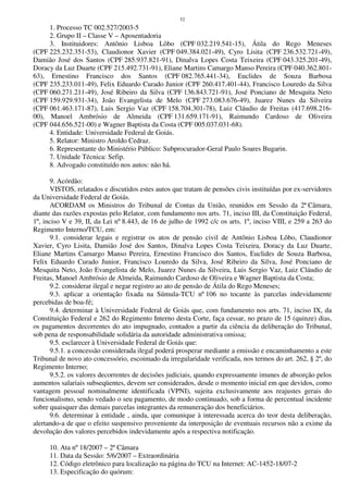 52
1. Processo TC 002.527/2003-5
2. Grupo II – Classe V – Aposentadoria
3. Instituidores: Antônio Lisboa Lôbo (CPF 032.219.541-15), Átila do Rego Meneses
(CPF 225.232.351-53), Claudionor Xavier (CPF 049.384.021-49), Cyro Lisita (CPF 236.532.721-49),
Damião José dos Santos (CPF 285.937.821-91), Dinalva Lopes Costa Teixeira (CPF 043.325.201-49),
Doracy da Luz Duarte (CPF 215.492.731-91), Eliane Martins Camargo Manso Pereira (CPF 040.362.801-
63), Ernestino Francisco dos Santos (CPF 082.765.441-34), Euclides de Souza Barbosa
(CPF 235.233.011-49), Felix Eduardo Curado Junior (CPF 260.417.401-44), Francisco Louredo da Silva
(CPF 060.271.211-49), José Ribeiro da Silva (CPF 136.843.721-91), José Ponciano de Mesquita Neto
(CPF 159.929.931-34), João Evangelista de Melo (CPF 273.083.676-49), Juarez Nunes da Silveira
(CPF 061.463.171-87), Luis Sergio Vaz (CPF 158.704.301-78), Luiz Cláudio de Freitas (417.698.216-
00), Manoel Ambrósio de Almeida (CPF 131.659.171-91), Raimundo Cardoso de Oliveira
(CPF 044.656.521-00) e Wagner Baptista da Costa (CPF 005.037.031-68).
4. Entidade: Universidade Federal de Goiás.
5. Relator: Ministro Aroldo Cedraz.
6. Representante do Ministério Público: Subprocurador-Geral Paulo Soares Bugarin.
7. Unidade Técnica: Sefip.
8. Advogado constituído nos autos: não há.
9. Acórdão:
VISTOS, relatados e discutidos estes autos que tratam de pensões civis instituídas por ex-servidores
da Universidade Federal de Goiás.
ACORDAM os Ministros do Tribunal de Contas da União, reunidos em Sessão da 2ª Câmara,
diante das razões expostas pelo Relator, com fundamento nos arts. 71, inciso III, da Constituição Federal,
1º, inciso V e 39, II, da Lei nº 8.443, de 16 de julho de 1992 c/c os arts. 1º, inciso VIII, e 259 a 263 do
Regimento Interno/TCU, em:
9.1. considerar legais e registrar os atos de pensão civil de Antônio Lisboa Lôbo, Claudionor
Xavier, Cyro Lisita, Damião José dos Santos, Dinalva Lopes Costa Teixeira, Doracy da Luz Duarte,
Eliane Martins Camargo Manso Pereira, Ernestino Francisco dos Santos, Euclides de Souza Barbosa,
Felix Eduardo Curado Junior, Francisco Louredo da Silva, José Ribeiro da Silva, José Ponciano de
Mesquita Neto, João Evangelista de Melo, Juarez Nunes da Silveira, Luis Sergio Vaz, Luiz Cláudio de
Freitas, Manoel Ambrósio de Almeida, Raimundo Cardoso de Oliveira e Wagner Baptista da Costa;
9.2. considerar ilegal e negar registro ao ato de pensão de Átila do Rego Meneses;
9.3. aplicar a orientação fixada na Súmula-TCU nº 106 no tocante às parcelas indevidamente
percebidas de boa-fé;
9.4. determinar à Universidade Federal de Goiás que, com fundamento nos arts. 71, inciso IX, da
Constituição Federal e 262 do Regimento Interno desta Corte, faça cessar, no prazo de 15 (quinze) dias,
os pagamentos decorrentes do ato impugnado, contados a partir da ciência da deliberação do Tribunal,
sob pena de responsabilidade solidária da autoridade administrativa omissa;
9.5. esclarecer à Universidade Federal de Goiás que:
9.5.1. a concessão considerada ilegal poderá prosperar mediante a emissão e encaminhamento a este
Tribunal de novo ato concessório, escoimado da irregularidade verificada, nos termos do art. 262, § 2º, do
Regimento Interno;
9.5.2. os valores decorrentes de decisões judiciais, quando expressamente imunes de absorção pelos
aumentos salariais subseqüentes, devem ser considerados, desde o momento inicial em que devidos, como
vantagem pessoal nominalmente identificada (VPNI), sujeita exclusivamente aos reajustes gerais do
funcionalismo, sendo vedado o seu pagamento, de modo continuado, sob a forma de percentual incidente
sobre quaisquer das demais parcelas integrantes da remuneração dos beneficiários.
9.6. determinar à entidade , ainda, que comunique à interessada acerca do teor desta deliberação,
alertando-a de que o efeito suspensivo proveniente da interposição de eventuais recursos não a exime da
devolução dos valores percebidos indevidamente após a respectiva notificação.
10. Ata nº 18/2007 – 2ª Câmara
11. Data da Sessão: 5/6/2007 – Extraordinária
12. Código eletrônico para localização na página do TCU na Internet: AC-1452-18/07-2
13. Especificação do quórum:
 