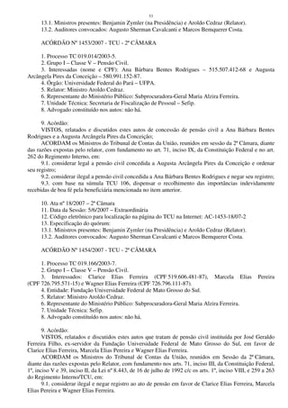 53
13.1. Ministros presentes: Benjamin Zymler (na Presidência) e Aroldo Cedraz (Relator).
13.2. Auditores convocados: Augusto Sherman Cavalcanti e Marcos Bemquerer Costa.
ACÓRDÃO Nº 1453/2007 - TCU - 2ª CÂMARA
1. Processo TC 019.014/2003-5.
2. Grupo I – Classe V – Pensão Civil.
3. Interessadas (nome e CPF): Ana Bárbara Bentes Rodrigues – 515.507.412-68 e Augusta
Arcângela Pires da Conceição – 580.991.152-87.
4. Órgão: Universidade Federal do Pará – UFPA.
5. Relator: Ministro Aroldo Cedraz.
6. Representante do Ministério Público: Subprocuradora-Geral Maria Alzira Ferreira.
7. Unidade Técnica: Secretaria de Fiscalização de Pessoal – Sefip.
8. Advogado constituído nos autos: não há.
9. Acórdão:
VISTOS, relatados e discutidos estes autos de concessão de pensão civil a Ana Bárbara Bentes
Rodrigues e a Augusta Arcângela Pires da Conceição;
ACORDAM os Ministros do Tribunal de Contas da União, reunidos em sessão da 2ª Câmara, diante
das razões expostas pelo relator, com fundamento no art. 71, inciso IX, da Constituição Federal e no art.
262 do Regimento Interno, em:
9.1. considerar legal a pensão civil concedida a Augusta Arcângela Pires da Conceição e ordenar
seu registro;
9.2. considerar ilegal a pensão civil concedida a Ana Bárbara Bentes Rodrigues e negar seu registro;
9.3. com base na súmula TCU 106, dispensar o recolhimento das importâncias indevidamente
recebidas de boa fé pela beneficiária mencionada no item anterior.
10. Ata nº 18/2007 – 2ª Câmara
11. Data da Sessão: 5/6/2007 – Extraordinária
12. Código eletrônico para localização na página do TCU na Internet: AC-1453-18/07-2
13. Especificação do quórum:
13.1. Ministros presentes: Benjamin Zymler (na Presidência) e Aroldo Cedraz (Relator).
13.2. Auditores convocados: Augusto Sherman Cavalcanti e Marcos Bemquerer Costa.
ACÓRDÃO Nº 1454/2007 - TCU - 2ª CÂMARA
1. Processo TC 019.166/2003-7.
2. Grupo I – Classe V – Pensão Civil.
3. Interessados: Clarice Elias Ferreira (CPF 519.606.481-87), Marcela Elias Pereira
(CPF 726.795.571-15) e Wagner Elias Ferreira (CPF 726.796.111-87).
4. Entidade: Fundação Universidade Federal de Mato Grosso do Sul.
5. Relator: Ministro Aroldo Cedraz.
6. Representante do Ministério Público: Subprocuradora-Geral Maria Alzira Ferreira.
7. Unidade Técnica: Sefip.
8. Advogado constituído nos autos: não há.
9. Acórdão:
VISTOS, relatados e discutidos estes autos que tratam de pensão civil instituída por José Geraldo
Ferreira Filho, ex-servidor da Fundação Universidade Federal de Mato Grosso do Sul, em favor de
Clarice Elias Ferreira, Marcela Elias Pereira e Wagner Elias Ferreira.
ACORDAM os Ministros do Tribunal de Contas da União, reunidos em Sessão da 2ª Câmara,
diante das razões expostas pelo Relator, com fundamento nos arts. 71, inciso III, da Constituição Federal,
1º, inciso V e 39, inciso II, da Lei nº 8.443, de 16 de julho de 1992 c/c os arts. 1º, inciso VIII, e 259 a 263
do Regimento Interno/TCU, em:
9.1. considerar ilegal e negar registro ao ato de pensão em favor de Clarice Elias Ferreira, Marcela
Elias Pereira e Wagner Elias Ferreira.
 