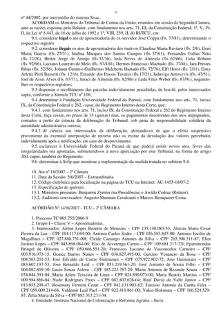 55
nº 44/2002, por intermédio do sistema Sisac,
ACORDAM os Ministros do Tribunal de Contas da União, reunidos em sessão da Segunda Câmara,
ante as razões expostas pelo Relator, com fundamento nos arts. 71, III, da Constituição Federal; 1º, V, 39,
II, da Lei nº 8.443, de 16 de julho de 1992 e 1º, VIII, 259, II, do RI/TCU, em:
9.1. considerar legal o ato de aposentadoria do ex-servidor Jose Crippa (fls. 77/81), determinando o
respectivo registro
9.2. considerar ilegais os atos de aposentadoria dos inativos Claudina Maria Ruviaro (fls. 2/6), Geni
Maria Guerra (fls. 27/31), Idalina Marques dos Santos Campos (fls. 57/61), Fernandes Fullan Neto
(fls. 22/26), Heitor Jorge de Araujo (fls.32/36), Ieda Neves de Almeida (fls. 62/66), Lidia Bohum
(fls. 92/96), Luciano Loureiro de Melo (fls. 97/101), Hermes Francisco Machado (fls. 37/41), Iara Prestes
Ribas (fls. 52/56), Johann Gustavo Guilhermo Melcherts Hurtado (fls. 72/76), Elfi Horst (fls. 7/11), Enny
Arlette Pioli Bassetti (fls. 1216), Ernando dos Passos Tavares (fls.17/21), Iaduviga Antoxevis (fls. 47/51),
Joel de Assis Alves (fls. 67/71), Juraci de Almeida (fls. 82/86) e Leda Filus Weber (fls. 87/91), negando-
lhes os respectivos registros;
9.3 dispensar o recolhimento das parcelas indevidamente percebidas, de boa-fé, pelos interessados
supra, conforme a Súmula TCU nº 106;
9.4 determinar à Fundação Universidade Federal do Paraná, com fundamento nos arts. 71, inciso
IX, da Constituição Federal e 262, caput, do Regimento Interno desta Corte, que:
9.4.1. com fundamento nos arts. 71, inciso IX, da Constituição Federal e 262 do Regimento Interno
desta Corte, faça cessar, no prazo de 15 (quinze) dias, os pagamentos decorrentes dos atos impugnados,
contados a partir da ciência da deliberação do Tribunal, sob pena de responsabilidade solidária da
autoridade administrativa omissa;
9.4.2. dê ciência aos interessados da deliberação, alertando-os de que o efeito suspensivo
proveniente da eventual interposição de recurso não os exime da devolução dos valores percebidos
indevidamente após a notificação, em caso de desprovimento;
9.5. esclarecer à Universidade Federal do Paraná de que poderá emitir novos atos, livres das
irregularidades ora apontadas, submetendo-os à nova apreciação por este Tribunal, na forma do artigo
260, caput, também do Regimento.
9.6. determinar à Sefip que monitore a implementação da medida tratada no subitem 9.4.
10. Ata nº 18/2007 – 2ª Câmara
11. Data da Sessão: 5/6/2007 – Extraordinária
12. Código eletrônico para localização na página do TCU na Internet: AC-1455-18/07-2
13. Especificação do quórum:
13.1. Ministros presentes: Benjamin Zymler (na Presidência) e Aroldo Cedraz (Relator).
13.2. Auditores convocados: Augusto Sherman Cavalcanti e Marcos Bemquerer Costa.
ACÓRDÃO Nº 1456/2007 - TCU - 2ª CÂMARA
1. Processo TC 005.755/2006-9
2. Grupo I – Classe V – Aposentadorias.
3. Interessados: Airton Lopes Bezerra de Menezes – CPF 135.140.083-53; Aluizia Maria Cesar
Pereira da Luz – CPF 104.117.044-00; Antonio Carlos Sodre – CPF 036.583.847-00; Antonio Ercilio de
Magalhaes – CPF 027.886.751-00l; Cleide Camargo Antunes da Silva – CPF 265.306.511-87; Eliet
Justino Lopes – CPF 043.898.084-00; Elso de Alvarenga Carmo – CPF 109.681.217-72l; Epaminondas
Bringel de Oliveira – CPF 059.666.551-20; Francisco Luciano de Vasconcelos Carneiro – CPF
003.916.973-15; Genice Barros Nunes – CPF 036.827.495-00; Gercino Venancio da Rosa – CPF
008.563.201-53; Jose Edvaldo de Castro Guimaraes – CPF 075.922.802-72; Jose Guimaraes – CPF
083.602.197-53; Jose Reinaldo Leal – CPF 053.219.561-20; José Antonio de Souza Filho – CPF
004.082.809-30; Lucio Souza Asfora – CPF 185.223.787-20; Maria Antonia de Rezende Sousa – CPF
034.044.391-04; Maria Arlete Teixeira de Lima – CPF 024.890.073-00; Maria Beatriz Martins – CPF
009.984.866-04; Nadir Rodrigues Froes – CPF 082.807.626-04; Raul David do Valle Junior – CPF
013.055.298-47; Rosemary Ferreira Cezar – CPF 042.131.903-82; Tarcisio Antonio da Cunha Felix –
CPF 059.009.214-68; Valdemir Leal Pael – CPF 022.419.861-00; Yukio Hokmura – CPF 166.524.529-
87; Zelia Maria da Silva – CPF 085.313.231-34.
4. Entidade: Instituto Nacional de Colonização e Reforma Agrária – Incra.
 
