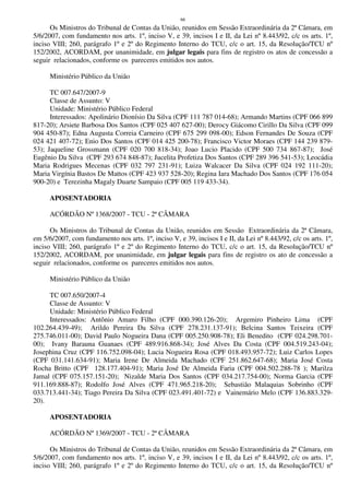 66
Os Ministros do Tribunal de Contas da União, reunidos em Sessão Extraordinária da 2ª Câmara, em
5/6/2007, com fundamento nos arts. 1º, inciso V, e 39, incisos I e II, da Lei nº 8.443/92, c/c os arts. 1º,
inciso VIII; 260, parágrafo 1º e 2º do Regimento Interno do TCU, c/c o art. 15, da Resolução/TCU nº
152/2002, ACORDAM, por unanimidade, em julgar legais para fins de registro os atos de concessão a
seguir relacionados, conforme os pareceres emitidos nos autos.
Ministério Público da União
TC 007.647/2007-9
Classe de Assunto: V
Unidade: Ministério Público Federal
Interessados: Apolinário Dionísio Da Silva (CPF 111 787 014-68); Armando Martins (CPF 066 899
817-20); Arsiete Barbosa Dos Santos (CPF 025 407 627-00); Derocy Giácomo Cirillo Da Silva (CPF 099
904 450-87); Edna Augusta Correia Carneiro (CPF 675 299 098-00); Edson Fernandes De Souza (CPF
024 421 407-72); Enio Dos Santos (CPF 014 425 200-78); Francisco Victor Moraes (CPF 144 239 879-
53); Jaqueline Grossmann (CPF 020 700 818-34); Joao Lucio Placido (CPF 500 734 867-87); José
Eugênio Da Silva (CPF 293 674 848-87); Jucelita Profetiza Dos Santos (CPF 289 396 541-53); Leocádia
Maria Rodrigues Mecenas (CPF 032 797 231-91); Luiza Walcacer Da Silva (CPF 024 192 111-20);
Maria Virgínia Bastos De Mattos (CPF 423 937 528-20); Regina Iara Machado Dos Santos (CPF 176 054
900-20) e Terezinha Magaly Duarte Sampaio (CPF 005 119 433-34).
APOSENTADORIA
ACÓRDÃO Nº 1368/2007 - TCU - 2ª CÂMARA
Os Ministros do Tribunal de Contas da União, reunidos em Sessão Extraordinária da 2ª Câmara,
em 5/6/2007, com fundamento nos arts. 1º, inciso V, e 39, incisos I e II, da Lei nº 8.443/92, c/c os arts. 1º,
inciso VIII; 260, parágrafo 1º e 2º do Regimento Interno do TCU, c/c o art. 15, da Resolução/TCU nº
152/2002, ACORDAM, por unanimidade, em julgar legais para fins de registro os ato de concessão a
seguir relacionados, conforme os pareceres emitidos nos autos.
Ministério Público da União
TC 007.650/2007-4
Classe de Assunto: V
Unidade: Ministério Público Federal
Interessados: Antônio Amaro Filho (CPF 000.390.126-20); Argemiro Pinheiro Lima (CPF
102.264.439-49); Arildo Pereira Da Silva (CPF 278.231.137-91); Belcina Santos Teixeira (CPF
275.746.011-00); David Paulo Nogueira Dana (CPF 005.250.908-78); Eli Benedito (CPF 024.298.701-
00); Ivany Barauna Guanaes (CPF 489.916.868-34); José Alves Da Costa (CPF 004.519.243-04);
Josephina Cruz (CPF 116.752.098-04); Lucia Nogueira Rosa (CPF 018.493.957-72); Luiz Carlos Lopes
(CPF 031.141.634-91); Maria Irene De Almeida Machado (CPF 251.862.647-68); Maria José Costa
Rocha Britto (CPF 128.177.404-91); Maria José De Almeida Faria (CPF 004.502.288-78 ); Marilza
Jamal (CPF 075.157.151-20); Nizalde Maria Dos Santos (CPF 034.217.754-00); Norma Garcia (CPF
911.169.888-87); Rodolfo José Alves (CPF 471.965.218-20); Sebastião Malaquias Sobrinho (CPF
033.713.441-34); Tiago Pereira Da Silva (CPF 023.491.401-72) e Vainemário Melo (CPF 136.883.329-
20).
APOSENTADORIA
ACÓRDÃO Nº 1369/2007 - TCU - 2ª CÂMARA
Os Ministros do Tribunal de Contas da União, reunidos em Sessão Extraordinária da 2ª Câmara, em
5/6/2007, com fundamento nos arts. 1º, inciso V, e 39, incisos I e II, da Lei nº 8.443/92, c/c os arts. 1º,
inciso VIII; 260, parágrafo 1º e 2º do Regimento Interno do TCU, c/c o art. 15, da Resolução/TCU nº
 