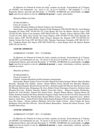 69
Os Ministros do Tribunal de Contas da União, reunidos em Sessão Extraordinária da 2ª Câmara,
em 5/6/2007, com fundamento nos inciso I e II, da Lei nº 8.443/92 e 260, parágrafo 1º e 2º do
Regimento Interno, aprovado pela Resolução nº 155/2002, ACORDAM, por unanimidade, em julgar
legais para fins de registro os atos de admissão de pessoal a seguir relacionados.
Ministério Público da União
TC 002.307/2007-4
Classe de Assunto: IV
Unidade: Ministério Público do Distrito Federal e dos Territórios
Interessados: Ana Claudia Manso Sequeira Ovidio Rodrigues (CPF 020.885.984-56); Anna Barbara
Fernandes De Paula (CPF 703.881.641-15); Carla Beatriz Da Cruz De Moraes Oliveira Lopes (CPF
579.520.781-00); Diana Costa Sampaio (CPF 804.073.825-34); Getulio Velasco Moreira Filho (CPF
712.653.331-49); Maria Julia Tavares Do Carmo Pinheiro (CPF 875.809.773-20); Paulo Benedito De
Freitas Júnior (CPF 264.979.108-08); Paulo Vinicius Quintela De Almeida (CPF 917.049.955-15);
Simone Ferreira Da Costa (CPF 462.384.411-00); Thaienne Nascimento Fernandes (CPF 806.102.341-
53); Vanderley Ramos Dos Santos (CPF 690.378.683-04) e Áurea Regina Sócio De Queiroz Ramim
(CPF 578.183.391-91).
ATOS DE ADMISSÃO
ACÓRDÃO Nº 1376/2007 - TCU - 2ª CÂMARA
Os Ministros do Tribunal de Contas da União, reunidos em Sessão Extraordinária da 2ª Câmara,
em 5/6/2007, com fundamento nos arts. 39, incisos I e II, da Lei nº 8.443/92, c/c os arts. 260, §§ 1º e 2º,
do Regimento Interno, aprovado pela Resolução nº 155/2002, ACORDAM, por unanimidade, em julgar
legais para fins de registro os atos de admissão de pessoal a seguir relacionados, conforme pareceres
emitidos nos autos:
Ministério da Defesa
TC 004.624/2007-0
Classe de Assunto: IV
Unidade: Empresa Brasileira de Infra-Estrutura Aeroportuária
Interessados: Raquel Arantes Ceresa Carvalho; Raquel Da Cunha Camargo; Rebeca Albert Da Mata
Rezende; Reinaldo Luiz Galdino Santos; Renato Martins Farias; Ricardo Jose Barcellos Manhaes;
Ricardo Ladislau Rongetti; Ricardo Peixoto Da Silva; Richard Leandro De Oliveira; Rita De Cassia Leite
De Miranda; Robersivania Albuquerque De Lima; Robert Cleiton Domingues Goncalves; Roberta Janira
Mesquita Da Costa; Roberto Antenore; Roberto Vieira Dos Santos; Robson Fernandes Dombrosky;
Rogerio De Avila Goulart; Rogerio Dos Santos Freire; Rogerio Mateus Menon; Rogerio Romes De
Freitas; Romilson Januario De Sousa; Ronilson Nogueira Araujo; Roosevelt Da Cruz Silva; Roosevelt Da
Silva Barbosa; Rosana De Almeida Pupo; Rosane Ribeiro Lemos; Rosilene Aparecida Lucio; Rubens
Queiroz; Samir Iasin; Sandro Portal Calado; Selma Regina Rodrigues Oliveira Rubeis; Sergio Wladimir
Caze Dos Santos; Silvana Andrews Machado; Silvia Dos Santos Correia; Silvia Tatiane De Souza
Bordignon; Silvio Da Silva Oliveira; Silvio De Barros Biancardine; Simone De Fatima Teixeira; Sueli
Candida Santos Reys.
ATOS DE ADMISSÃO
ACÓRDÃO Nº 1377/2007 - TCU - 2ª CÂMARA
Os Ministros do Tribunal de Contas da União, reunidos em Sessão Extraordinária da 2ª Câmara,
em 5/6/2007, com fundamento nos arts. 39, incisos I e II, da Lei nº 8.443/92, c/c os arts. 260, §§ 1º e 2º,
do Regimento Interno, aprovado pela Resolução nº 155/2002, ACORDAM, por unanimidade, em julgar
legais para fins de registro os atos de admissão de pessoal a seguir relacionados, conforme pareceres
emitidos nos autos:
 
