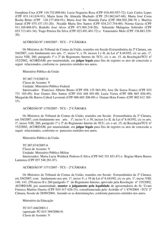 7
Josephina Cruz (CPF 116.752.098-04); Lucia Nogueira Rosa (CPF 018.493.957-72); Luiz Carlos Lopes
(CPF 031.141.634-91); Maria Irene De Almeida Machado (CPF 251.862.647-68); Maria José Costa
Rocha Britto (CPF 128.177.404-91); Maria José De Almeida Faria (CPF 004.502.288-78 ); Marilza
Jamal (CPF 075.157.151-20); Nizalde Maria Dos Santos (CPF 034.217.754-00); Norma Garcia (CPF
911.169.888-87); Rodolfo José Alves (CPF 471.965.218-20); Sebastião Malaquias Sobrinho (CPF
033.713.441-34); Tiago Pereira Da Silva (CPF 023.491.401-72) e Vainemário Melo (CPF 136.883.329-
20).
ACÓRDÃO Nº 1369/2007 - TCU - 2ª CÂMARA
Os Ministros do Tribunal de Contas da União, reunidos em Sessão Extraordinária da 2ª Câmara, em
5/6/2007, com fundamento nos arts. 1º, inciso V, e 39, incisos I e II, da Lei nº 8.443/92, c/c os arts. 1º,
inciso VIII; 260, parágrafo 1º e 2º do Regimento Interno do TCU, c/c o art. 15, da Resolução/TCU nº
152/2002, ACORDAM, por unanimidade, em julgar legais para fins de registro os atos de concessão a
seguir relacionados, conforme os pareceres emitidos nos autos.
Ministério Público da União
TC 007.715/2007-0
Classe de Assunto: V
Unidade: Ministério Público Federal
Interessados: Francisco Alberto Bruno (CPF 058 135 063-49); Jose De Souza Franco (CPF 033
731 185-49); Jose Gomes Dos Santos (CPF 010 448 691-00; Luzia Vieira (CPF 006 865 656-49);
Margarida De Barros Cabral Lavorenti (CPF 006 685 208-09) e Osman Hora Fontes (CPF 002 612 385-
15).
ACÓRDÃO Nº 1370/2007 - TCU - 2ª CÂMARA
Os Ministros do Tribunal de Contas da União, reunidos em Sessão Extraordinária da 2ª Câmara,
em 5/6/2007, com fundamento nos arts. 1º, inciso V, e 39, incisos I e II, da Lei nº 8.443/92, c/c os arts.
1º, inciso VIII; 260, parágrafo 1º e 2º do Regimento Interno do TCU, c/c o art. 15, da Resolução/TCU nº
152/2002, ACORDAM, por unanimidade, em julgar legais para fins de registro os atos de concessão a
seguir relacionados, conforme os pareceres emitidos nos autos.
Ministério Público da União
TC 007.674/2007-6
Classe de Assunto: V
Unidade: Ministério Público Militar
Interessados: Maria Lucia Waldeck Pedroso E Silva (CPF 042 351 851-87) e Regina Maria Bastos
Lamenza (CPF 057 548 281-87).
ACÓRDÃO Nº 1371/2007 - TCU - 2ª CÂMARA
Os Ministros do Tribunal de Contas da União, reunidos em Sessão Extraordinária da 2ª Câmara,
em 5/6/2007, com fundamento nos arts. 1º, inciso V, e 39 da Lei nº 8.443/92, c/c os arts. 1º, inciso VIII;
140, 143, 259,inciso II e 260 parágrafo 1º do Regimento Interno, aprovado pela Resolução nº 155/2002,
ACORDAM, por unanimidade, manter o julgamento pela legalidade da aposentadoria do Sr. Uvani
Fonseca Martins Guerra (CPF 010 417 626-15), consubstanciada pelo Acórdão nº 1 879/2004 –TCU 2ª
Câmara, Sessão de 28/09/2004, fazendo-se as determinações, conforme pareceres emitidos nos autos.
Ministério da Educação
TC 017.446/2003-1
(apensado TC-015 389/2006-9)
Classe de Assunto: V
 