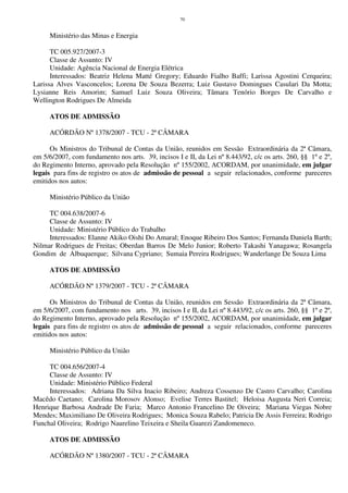 70
Ministério das Minas e Energia
TC 005.927/2007-3
Classe de Assunto: IV
Unidade: Agência Nacional de Energia Elétrica
Interessados: Beatriz Helena Matté Gregory; Eduardo Fialho Baffi; Larissa Agostini Cerqueira;
Larissa Alves Vasconcelos; Lorena De Souza Bezerra; Luiz Gustavo Domingues Casulari Da Motta;
Lysianne Reis Amorim; Samuel Luiz Souza Oliveira; Tâmara Tenório Borges De Carvalho e
Wellington Rodrigues De Almeida
ATOS DE ADMISSÃO
ACÓRDÃO Nº 1378/2007 - TCU - 2ª CÂMARA
Os Ministros do Tribunal de Contas da União, reunidos em Sessão Extraordinária da 2ª Câmara,
em 5/6/2007, com fundamento nos arts. 39, incisos I e II, da Lei nº 8.443/92, c/c os arts. 260, §§ 1º e 2º,
do Regimento Interno, aprovado pela Resolução nº 155/2002, ACORDAM, por unanimidade, em julgar
legais para fins de registro os atos de admissão de pessoal a seguir relacionados, conforme pareceres
emitidos nos autos:
Ministério Público da União
TC 004.638/2007-6
Classe de Assunto: IV
Unidade: Ministério Público do Trabalho
Interessados: Elanne Akiko Oishi Do Amaral; Enoque Ribeiro Dos Santos; Fernanda Daniela Barth;
Nilmar Rodrigues de Freitas; Oberdan Barros De Melo Junior; Roberto Takashi Yanagawa; Rosangela
Gondim de Albuquerque; Silvana Cypriano; Sumaia Pereira Rodrigues; Wanderlange De Souza Lima
ATOS DE ADMISSÃO
ACÓRDÃO Nº 1379/2007 - TCU - 2ª CÂMARA
Os Ministros do Tribunal de Contas da União, reunidos em Sessão Extraordinária da 2ª Câmara,
em 5/6/2007, com fundamento nos arts. 39, incisos I e II, da Lei nº 8.443/92, c/c os arts. 260, §§ 1º e 2º,
do Regimento Interno, aprovado pela Resolução nº 155/2002, ACORDAM, por unanimidade, em julgar
legais para fins de registro os atos de admissão de pessoal a seguir relacionados, conforme pareceres
emitidos nos autos:
Ministério Público da União
TC 004.656/2007-4
Classe de Assunto: IV
Unidade: Ministério Público Federal
Interessados: Adriana Da Silva Inacio Ribeiro; Andreza Cossenzo De Castro Carvalho; Carolina
Macêdo Caetano; Carolina Morosov Alonso; Evelise Terres Bastitel; Heloisa Augusta Neri Correia;
Henrique Barbosa Andrade De Faria; Marco Antonio Francelino De Oiveira; Mariana Viegas Nobre
Mendes; Maximiliano De Oliveira Rodrigues; Monica Souza Rabelo; Patricia De Assis Ferreira; Rodrigo
Funchal Oliveira; Rodrigo Naurelino Teixeira e Sheila Guarezi Zandomeneco.
ATOS DE ADMISSÃO
ACÓRDÃO Nº 1380/2007 - TCU - 2ª CÂMARA
 