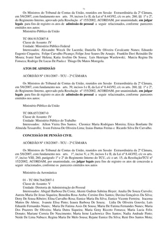 71
Os Ministros do Tribunal de Contas da União, reunidos em Sessão Extraordinária da 2ª Câmara,
em 5/6/2007, com fundamento nos arts. 39, incisos I e II, da Lei nº 8.443/92, c/c os arts. 260, §§ 1º e 2º,
do Regimento Interno, aprovado pela Resolução nº 155/2002, ACORDAM, por unanimidade, em julgar
legais para fins de registro os atos de admissão de pessoal a seguir relacionados, conforme pareceres
emitidos nos autos:
Ministério Público da União
TC 004.915/2007-8
Classe de Assunto: IV
Unidade: Ministério Público Federal
Interessados: Alexandre Wecck De Lacerda; Daniella De Oliveira Cavalcante Nunes; Eduardo
Eugenio Cirqueira; Felipe Carvalho Picanço; Felipe Jose Soares De Araujo; Franklin Davi Reinaldo De
Moura; Ivanir Sant' Helena; Katia Avelino De Sousa; Luis Henrique Wasilewski; Marcia Regina Da
Fonseca; Rodrigo De Lucas De Paula e Thiago De Matos Moregola.
ATOS DE ADMISSÃO
ACÓRDÃO Nº 1381/2007 - TCU - 2ª CÂMARA
Os Ministros do Tribunal de Contas da União, reunidos em Sessão Extraordinária da 2ª Câmara,
em 5/6/2007, com fundamento nos arts. 39, incisos I e II, da Lei nº 8.443/92, c/c os arts. 260, §§ 1º e 2º,
do Regimento Interno, aprovado pela Resolução nº 155/2002, ACORDAM, por unanimidade, em julgar
legais para fins de registro os atos de admissão de pessoal a seguir relacionados, conforme pareceres
emitidos nos autos:
Ministério Público da União
TC 006.657/2007-0
Classe de Assunto: IV
Unidade: Ministério Público do Trabalho
Interessados: Ailton Vieira Dos Santos; Cleonice Maria Rodrigues Moreira; Erica Bonfante De
Almeida Tessarollo; Ivson Feitosa De Oliveira Lima; Izaias Dantas Freitas e Ricardo Silva De Carvalho.
CONCESSÃO DE PENSÃO CIVIL
ACÓRDÃO Nº 1382/2007 - TCU - 2ª CÂMARA
Os Ministros do Tribunal de Contas da União, reunidos em Sessão Extraordinária da 2ª Câmara,
em 5/6/2007, com fundamento nos arts. 1º, inciso V, e 39, incisos I e II, da Lei nº 8.443/92, c/c os arts.
1º, inciso VIII; 260, parágrafo 1º e 2º do Regimento Interno do TCU, c/c o art. 15, da Resolução/TCU nº
152/2002, ACORDAM, por unanimidade, em julgar legais para fins de registro os atos de concessão a
seguir relacionados, conforme os pareceres emitidos nos autos
Ministério da Aeronáutica
01 - TC 004.764/2007-1
Classe de Assunto: V
Unidade: Diretoria de Administração do Pessoal
Interessados: Abigail Barbosa Da Costa; Akemi Gudrun Sabrina Hoyer; Analia De Souza Curvelo;
Aurora Maria De Jesus Siqueira; Benedita Rosa Areba; Corsino Dos Santos; Davina Gonçalves Da Silva;
Deny De Sousa Ribeiro; Elina Carvalho Rosa; Eunice Maria Da Silva; Eunice Vicente Ferreira; Iracema
Mattos De Abreu; Ivanete Elisa Pinto; Izaura Barbosa De Souza; Lidia De Oliveira Gouvêa; Luís
Eduardo Fernandes Nunes; Maria De Fatima Assis De Sousa; Maria De Fatima Fernandes Nunes; Maria
Dos Prazeres De Oliveira; Maria Dutra Siqueira; Maria Geny Ricceto Fonseca; Maria Lucia Felix
Donato; Mariane Correia Do Nascimento; Marta Irene Lachowicz Dos Santos; Nadia Andrade Pinto;
Neide De Lima Nabuco; Regina Maria De Melo Sousa; Rejane Eunice Da Silva; Reni Dos Santos Mota;
 