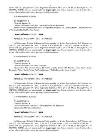 78
inciso VIII; 260, parágrafo 1º e 2º do Regimento Interno do TCU, c/c o art. 15, da Resolução/TCU nº
152/2002, ACORDAM, por unanimidade, em julgar legais para fins de registro os atos de concessão a
seguir relacionados, conforme os pareceres emitidos nos autos
Ministério Público da União
TC 008.216/2007-5
Classe de Assunto: V
Unidade: Ministério Público do Distrito Federal e dos Territórios
Interessados: Elsa Pereira Dos Reis; George Hamilton Lima De Oliveira; Hilma Lima De Oliveira
e Washington Profeta Dos Reis Junior
CONCESSÃO DE PENSÃO CIVIL
ACÓRDÃO Nº 1400/2007 - TCU - 2ª CÂMARA
Os Ministros do Tribunal de Contas da União reunidos em Sessão Extraordinária da 2ª Câmara, em
5/6/2007, com fundamento nos arts. 1º, inciso V, e 39, incisos I e II, da Lei nº 8.443/92, c/c os arts. 1º,
inciso VIII; 260, parágrafo 1º e 2º do Regimento Interno do TCU, c/c o art. 15, da Resolução/TCU nº
152/2002, ACORDAM, por unanimidade, em julgar legais para fins de registro os atos de concessão a
seguir relacionados, conforme os pareceres emitidos nos autos
Ministério Público da União
TC 008.262/2007-8
Classe de Assunto: V
Unidade: Ministério Público do Trabalho
Interessados: Ana Cristina Pessoa Da Costa Grande; Doroty Del Guerra Lopes; Maria Aldais
Fernandes Prado; Sheila Pessoa Da Costa Grande e Thalita Pessoa Da Costa Grande.
CONCESSÃO DE PENSÃO CIVIL
ACÓRDÃO Nº 1401/2007 - TCU - 2ª CÂMARA
Os Ministros do Tribunal de Contas da União reunidos em Sessão Extraordinária da 2ª Câmara, em
5/6/2007, com fundamento nos arts. 1º, inciso V, e 39, incisos I e II, da Lei nº 8.443/92, c/c os arts. 1º,
inciso VIII; 260, parágrafo 1º e 2º do Regimento Interno do TCU, c/c o art. 15, da Resolução/TCU nº
152/2002, ACORDAM, por unanimidade, em julgar legais para fins de registro os atos de concessão a
seguir relacionados, conforme os pareceres emitidos nos autos
Ministério Público da União
TC 008.232/2007-9
Classe de Assunto: V
Unidade: Ministério Público do Distrito Federal e dos Territórios
Interessados: Maria Sonia Carneiro
CONCESSÃO DE PENSÃO CIVIL
ACÓRDÃO Nº 1402/2007 - TCU - 2ª CÂMARA
Os Ministros do Tribunal de Contas da União reunidos em Sessão Extraordinária da 2ª Câmara, em
5/6/2007, com fundamento nos arts. 1º, inciso V, e 39, incisos I e II, da Lei nº 8.443/92, c/c os arts. 1º,
inciso VIII; 260, parágrafo 1º e 2º do Regimento Interno do TCU, c/c o art. 15, da Resolução/TCU nº
152/2002, ACORDAM, por unanimidade, em julgar legais para fins de registro os atos de concessão a
seguir relacionados, conforme os pareceres emitidos nos autos
 