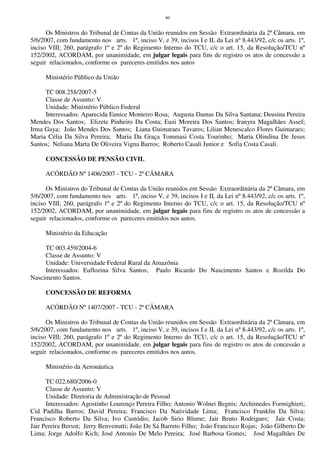 80
Os Ministros do Tribunal de Contas da União reunidos em Sessão Extraordinária da 2ª Câmara, em
5/6/2007, com fundamento nos arts. 1º, inciso V, e 39, incisos I e II, da Lei nº 8.443/92, c/c os arts. 1º,
inciso VIII; 260, parágrafo 1º e 2º do Regimento Interno do TCU, c/c o art. 15, da Resolução/TCU nº
152/2002, ACORDAM, por unanimidade, em julgar legais para fins de registro os atos de concessão a
seguir relacionados, conforme os pareceres emitidos nos autos
Ministério Público da União
TC 008.258/2007-5
Classe de Assunto: V
Unidade: Ministério Público Federal
Interessados: Aparecida Eunice Monteiro Rosa; Augusta Damas Da Silva Santana; Deusina Pereira
Mendes Dos Santos; Elizete Pinheiro Da Costa; Euzi Moreira Dos Santos; Iranyra Magalhães Assef;
Irma Gaya; João Mendes Dos Santos; Liana Guimaraes Tavares; Lilian Menescalco Flores Guimaraes;
Maria Célia Da Silva Pereira; Maria Da Graça Tommasi Costa Tourinho; Maria Olindina De Jesus
Santos; Neliana Marta De Oliveira Vigna Barros; Roberto Casali Junior e Sofia Costa Casali.
CONCESSÃO DE PENSÃO CIVIL
ACÓRDÃO Nº 1406/2007 - TCU - 2ª CÂMARA
Os Ministros do Tribunal de Contas da União reunidos em Sessão Extraordinária da 2ª Câmara, em
5/6/2007, com fundamento nos arts. 1º, inciso V, e 39, incisos I e II, da Lei nº 8.443/92, c/c os arts. 1º,
inciso VIII; 260, parágrafo 1º e 2º do Regimento Interno do TCU, c/c o art. 15, da Resolução/TCU nº
152/2002, ACORDAM, por unanimidade, em julgar legais para fins de registro os atos de concessão a
seguir relacionados, conforme os pareceres emitidos nos autos.
Ministério da Educação
TC 003.459/2004-6
Classe de Assunto: V
Unidade: Universidade Federal Rural da Amazônia
Interessados: Euflozina Silva Santos; Paulo Ricardo Do Nascimento Santos e Rozilda Do
Nascimento Santos.
CONCESSÃO DE REFORMA
ACÓRDÃO Nº 1407/2007 - TCU - 2ª CÂMARA
Os Ministros do Tribunal de Contas da União reunidos em Sessão Extraordinária da 2ª Câmara, em
5/6/2007, com fundamento nos arts. 1º, inciso V, e 39, incisos I e II, da Lei nº 8.443/92, c/c os arts. 1º,
inciso VIII; 260, parágrafo 1º e 2º do Regimento Interno do TCU, c/c o art. 15, da Resolução/TCU nº
152/2002, ACORDAM, por unanimidade, em julgar legais para fins de registro os atos de concessão a
seguir relacionados, conforme os pareceres emitidos nos autos.
Ministério da Aeronáutica
TC 022.680/2006-0
Classe de Assunto: V
Unidade: Diretoria de Administração de Pessoal
Interessados: Agostinho Lourenço Pereira Filho; Antonio Wolnei Begnis; Archimedes Formighieri;
Cid Padilha Barros; David Pereira; Francisco Da Natividade Lima; Francisco Franklin Da Silva;
Francisco Roberto Da Silva; Ivo Custódio; Jacob Sirio Blume; Jair Bento Rodrigues; Jair Costa;
Jair Pereira Bersot; Jerry Benvenutti; João De Sá Barreto Filho; João Francisco Rojas; João Gilberto De
Lima; Jorge Adolfo Kich; José Antonio De Melo Pereira; José Barbosa Gomes; José Magalhães De
 