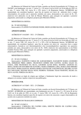 85
Os Ministros do Tribunal de Contas da União, reunidos em Sessão Extraordinária da 2ª Câmara, em
5/6/2007, com fundamento nos arts. 1º, inciso V, e 39, inciso I, da Lei 8.443, de 16 de julho de 1992, c/c
os arts. 1º, inciso VIII, 143, inciso II, e 259, inciso I, do Regimento Interno, ACORDAM, por
unanimidade, em considerar legal(ais) para fins de registro o(s) ato(s) de admissão (ões) a seguir
relacionado(s), de acordo com o pareceres emitidos nos autos, destacando-se o(s) ato(s) de fls. 2/3,
relativo(s) à(s) admissões (s) de Adir de Moraes Monteiro, para autuação em apartado e posterior
julgamento, autorizando-se a diligência proposta pelo Ministério Público.
MINISTÉRIO DA DEFESA
06 - TC-002.030/2006-8
Interessado(s): CLAITON NAYSINGER WEIDE, DIONI LEURRI MACIEL ALEGRANZI.
APOSENTADORIA
ACÓRDÃO Nº 1416/2007 - TCU - 2ª CÂMARA
Os Ministros do Tribunal de Contas da União, reunidos em Sessão Extraordinária da 2ª Câmara, em
5/6/2007, com fundamento nos arts. 1º, inciso V, e 39, inciso II, da Lei 8.443, de 16 de julho de 1992, c/c
os arts. 1º, inciso VIII, 143, inciso II e § 1º; e 259 a 263 do Regimento Interno, ACORDAM, por
unanimidade, em considerar legal(ais) para fins de registro o(s) ato(s) de concessão (ões) a seguir
relacionado(s), fazendo-se a(s) determinação(ões) e/ou recomendação(ões) sugerida(s) nos pareceres
emitidos nos autos, destacando-se o(s) ato(s) de fls. 102/6, relativo(s) à(s) aposentadoria (s) de Pedro
Candido Ferreira Filho, para autuação em apartado e posterior julgamento, autorizando-se a diligência
proposta pelo Ministério Público.
MINISTÉRIO DA DEFESA
07 - TC-023.374/2006-0
Interessado(s): ELIONETE FARIAS DE ALBUQUERQUE, ELIZABETH MARIA LOUREIRO
GIL, ERIKIMAR PIRES ABREU, FRANCISCO GOMES DOS SANTOS, JACIRA SALES DA
COSTA, JOSE FRANCISCO DA SILVA, LOURDES ALVES ROSA, MANOEL LEONCIO DA
MOTA, MARIA DO SOCORRO DE OLIVEIRA, MARIA FERREIRA LIMA, MARIA JOSE RIBEIRO
DA COSTA, MARLI DANTAS, MYRNA MARIA CHAVES DE VASCONCELOS, NELZIRA ALVES
DE CARVALHO, NESTOR SOUZA NETO, PEDRINA TEIXEIRA TEJAS MARTINS, SELMA DA
SILVA ALVES, TEREZA DA SILVA.
1. Determinar ao órgão de origem que retifique o fundamento legal das concessões de modo a
adequar-se às normas vigentes à época de suas publicações.
PENSÃO CIVIL
ACÓRDÃO Nº 1417/2007 - TCU - 2ª CÂMARA
Os Ministros do Tribunal de Contas da União, reunidos em Sessão Extraordinária da 2ª Câmara, em
5/6/2007, ACORDAM, por unanimidade, com fundamento nos arts. 1º, inciso V, e 39, inciso II, da Lei
8.443, de 16 de julho de 1992, c/c os arts. 1º, inciso VIII, 143, inciso II, e 259 a 263 do Regimento
Interno, em considerar legal(ais) para fins de registro o(s) ato(s) de concessão a seguir relacionado(s), de
acordo com os pareceres emitidos nos autos:
MINISTÉRIO DO TRABALHO E EMPREGO
08 - TC-007.153/2007-9
Interessado(s): CAROLINA DE CASTRO LIMA, ODETTE PRIETO DE CASTRO LIMA,
SERGIO RICARDO DE CASTRO LIMA.
 