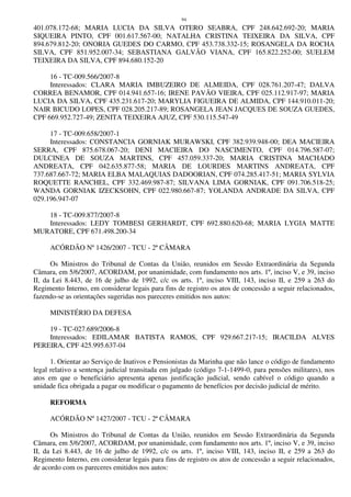 94
401.078.172-68; MARIA LUCIA DA SILVA OTERO SEABRA, CPF 248.642.692-20; MARIA
SIQUEIRA PINTO, CPF 001.617.567-00; NATALHA CRISTINA TEIXEIRA DA SILVA, CPF
894.679.812-20; ONORIA GUEDES DO CARMO, CPF 453.738.332-15; ROSANGELA DA ROCHA
SILVA, CPF 851.952.007-34; SEBASTIANA GALVÃO VIANA, CPF 165.822.252-00; SUELEM
TEIXEIRA DA SILVA, CPF 894.680.152-20
16 - TC-009.566/2007-8
Interessados: CLARA MARIA IMBUZEIRO DE ALMEIDA, CPF 028.761.207-47; DALVA
CORREA BENAMOR, CPF 014.941.657-16; IRENE PAVÃO VIEIRA, CPF 025.112.917-97; MARIA
LUCIA DA SILVA, CPF 435.231.617-20; MARYLIA FIGUEIRA DE ALMIDA, CPF 144.910.011-20;
NAIR BICUDO LOPES, CPF 028.205.217-89; ROSANGELA JEAN JACQUES DE SOUZA GUEDES,
CPF 669.952.727-49; ZENITA TEIXEIRA AJUZ, CPF 530.115.547-49
17 - TC-009.658/2007-1
Interessados: CONSTANCIA GORNIAK MURAWSKI, CPF 382.939.948-00; DEA MACIEIRA
SERRA, CPF 875.678.067-20; DENI MACIEIRA DO NASCIMENTO, CPF 014.796.587-07;
DULCINEA DE SOUZA MARTINS, CPF 457.059.337-20; MARIA CRISTINA MACHADO
ANDREATA, CPF 042.635.877-58; MARIA DE LOURDES MARTINS ANDREATA, CPF
737.687.667-72; MARIA ELBA MALAQUIAS DADOORIAN, CPF 074.285.417-51; MARIA SYLVIA
ROQUETTE RANCHEL, CPF 332.469.987-87; SILVANA LIMA GORNIAK, CPF 091.706.518-25;
WANDA GORNIAK IZECKSOHN, CPF 022.980.667-87; YOLANDA ANDRADE DA SILVA, CPF
029.196.947-07
18 - TC-009.877/2007-8
Interessados: LEDY TOMBESI GERHARDT, CPF 692.880.620-68; MARIA LYGIA MATTE
MURATORE, CPF 671.498.200-34
ACÓRDÃO Nº 1426/2007 - TCU - 2ª CÂMARA
Os Ministros do Tribunal de Contas da União, reunidos em Sessão Extraordinária da Segunda
Câmara, em 5/6/2007, ACORDAM, por unanimidade, com fundamento nos arts. 1º, inciso V, e 39, inciso
II, da Lei 8.443, de 16 de julho de 1992, c/c os arts. 1º, inciso VIII, 143, inciso II, e 259 a 263 do
Regimento Interno, em considerar legais para fins de registro os atos de concessão a seguir relacionados,
fazendo-se as orientações sugeridas nos pareceres emitidos nos autos:
MINISTÉRIO DA DEFESA
19 - TC-027.689/2006-8
Interessados: EDILAMAR BATISTA RAMOS, CPF 929.667.217-15; IRACILDA ALVES
PEREIRA, CPF 425.995.637-04
1. Orientar ao Serviço de Inativos e Pensionistas da Marinha que não lance o código de fundamento
legal relativo a sentença judicial transitada em julgado (código 7-1-1499-0, para pensões militares), nos
atos em que o beneficiário apresenta apenas justificação judicial, sendo cabível o código quando a
unidade fica obrigada a pagar ou modificar o pagamento de benefícios por decisão judicial de mérito.
REFORMA
ACÓRDÃO Nº 1427/2007 - TCU - 2ª CÂMARA
Os Ministros do Tribunal de Contas da União, reunidos em Sessão Extraordinária da Segunda
Câmara, em 5/6/2007, ACORDAM, por unanimidade, com fundamento nos arts. 1º, inciso V, e 39, inciso
II, da Lei 8.443, de 16 de julho de 1992, c/c os arts. 1º, inciso VIII, 143, inciso II, e 259 a 263 do
Regimento Interno, em considerar legais para fins de registro os atos de concessão a seguir relacionados,
de acordo com os pareceres emitidos nos autos:
 