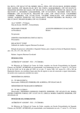 96
DA SILVA, CPF 062.617.877-00; ROMEU DELLA NINA, CPF 035.636.268-04; RUBEM GOMES
DOS SANTOS, CPF 006.656.224-49; RUY DA COSTA ALBUQUERQUE, CPF 025.103.670-72;
SEBASTIÃO RUFINO DE SALES, CPF 009.458.381-15; SEVERINO JUSTINO DE ARAUJO, CPF
066.919.007-15; SEVERINO LUKASZEWISK, CPF 017.615.950-91; SILVERIO NETO SILVA
FERREIRA, CPF 013.526.593-28; TRAJANO DE LARA, CPF 109.627.279-20; VALDOMIRO
GABRIEL FERREIRA, CPF 012.961.324-04; VALMOR GONÇALVES, CPF 109.684.409-59;
VIONEL ALBERTO TONIETTO, CPF 039.624.400-97; WILSON BEZERRA DE FRANÇA, CPF
008.313.284-87; WILSON SEABRA, CPF 143.132.008-00
Ata nº 18/2007 – 2ª Câmara
Data da Sessão: 5/6/2007 – Extraordinária
BENJAMIN ZYMLER AUGUSTO SHERMAN CAVALCANTI
na Presidência Relator
Fui presente:
CRISTINA MACHADO DA COSTA E SILVA
Procuradora
RELAÇÃO Nº 72/2007
Gabinete do Auditor Augusto Sherman Cavalcanti
Relação de processos submetidos à Segunda Câmara, para votação na forma do Regimento Interno,
arts. 134, 135, 137, 138, 140 e 143.
Relator: Augusto Sherman Cavalcanti
PENSÃO CIVIL
ACÓRDÃO Nº 1428/2007 - TCU - 2ª CÂMARA
Os Ministros do Tribunal de Contas da União, reunidos em Sessão Extraordinária da Segunda
Câmara, em 5/6/2007, ACORDAM, por unanimidade, com fundamento nos arts. 1º, inciso V, e 39, inciso
II, da Lei 8.443, de 16 de julho de 1992, c/c os arts. 1º, inciso VIII, 143, inciso II, e 259 a 263 do
Regimento Interno, em considerar legais para fins de registro os atos de concessão a seguir relacionados,
de acordo com os pareceres emitidos nos autos:
MINISTÉRIO DA DEFESA
01 - TC-008.019/2007-6
Interessados: DORALICE FERREIRA DE ALMEIDA, CPF 038.647.646-29
MINISTÉRIO DO TRABALHO E EMPREGO
02 - TC-008.111/2004-9
Interessados: FREDERICO RODOLFO PARENTE DOERNER, CPF 692.658.521-00; MARIA
CICERA PARENTE FARIAS, CPF 115.457.391-53; URSULA MARIA PARENTE DOERNER, CPF
692.658.601-20
PENSÃO DE EX-COMBATENTE
ACÓRDÃO Nº 1429/2007 - TCU - 2ª CÂMARA
Os Ministros do Tribunal de Contas da União, reunidos em Sessão Extraordinária da Segunda
Câmara, em 5/6/2007, ACORDAM, por unanimidade, com fundamento nos arts. 1º, inciso V, e 39, inciso
 