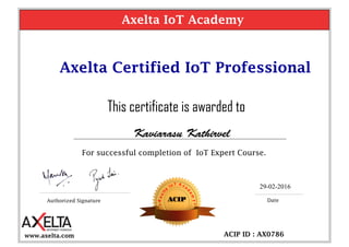 This certificate is awarded to
For successful completion of IoT Expert Course.
Axelta Certified IoT Professional
Authorized Signature DateACIP
ACIP ID : AX0786
Axelta IoT Academy
www.axelta.com
29-02-2016
 