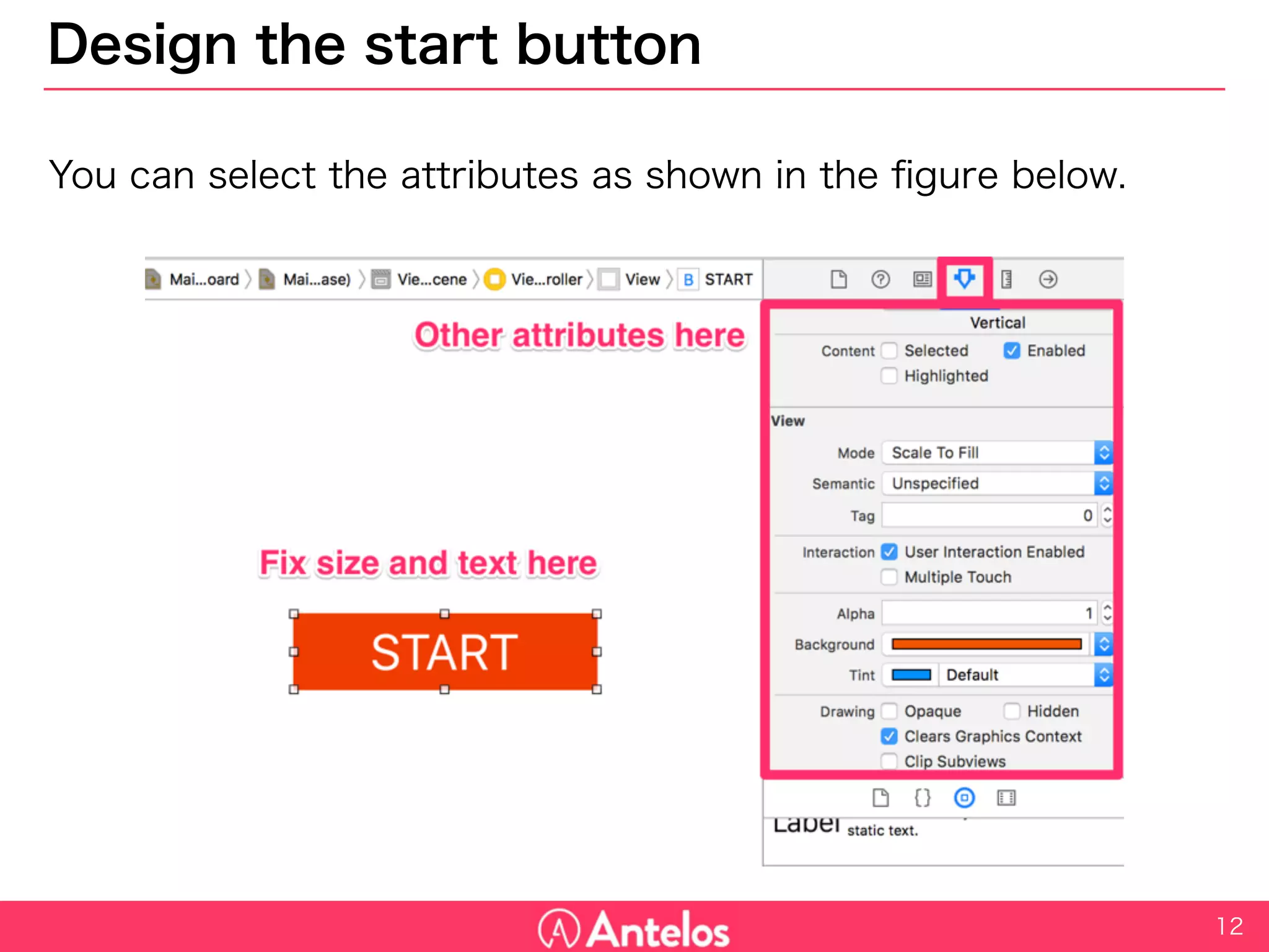 Design the start button
You can select the attributes as shown in the figure below.
12
 