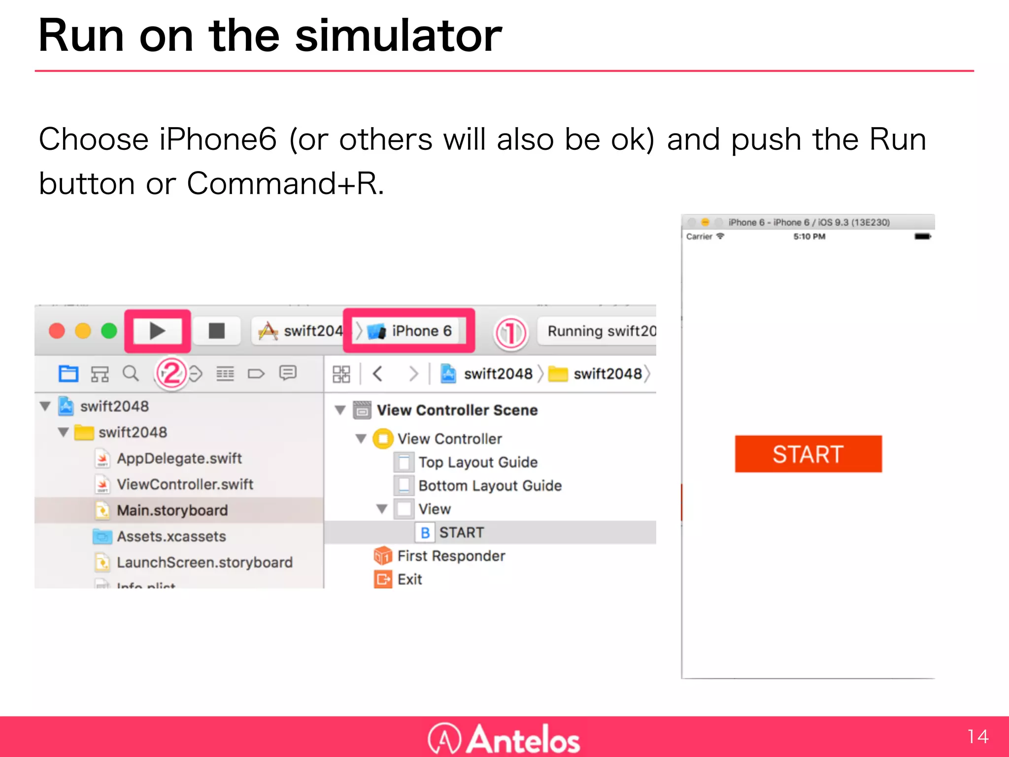 Run on the simulator
Choose iPhone6 (or others will also be ok) and push the Run button or
Command+R.
14
 