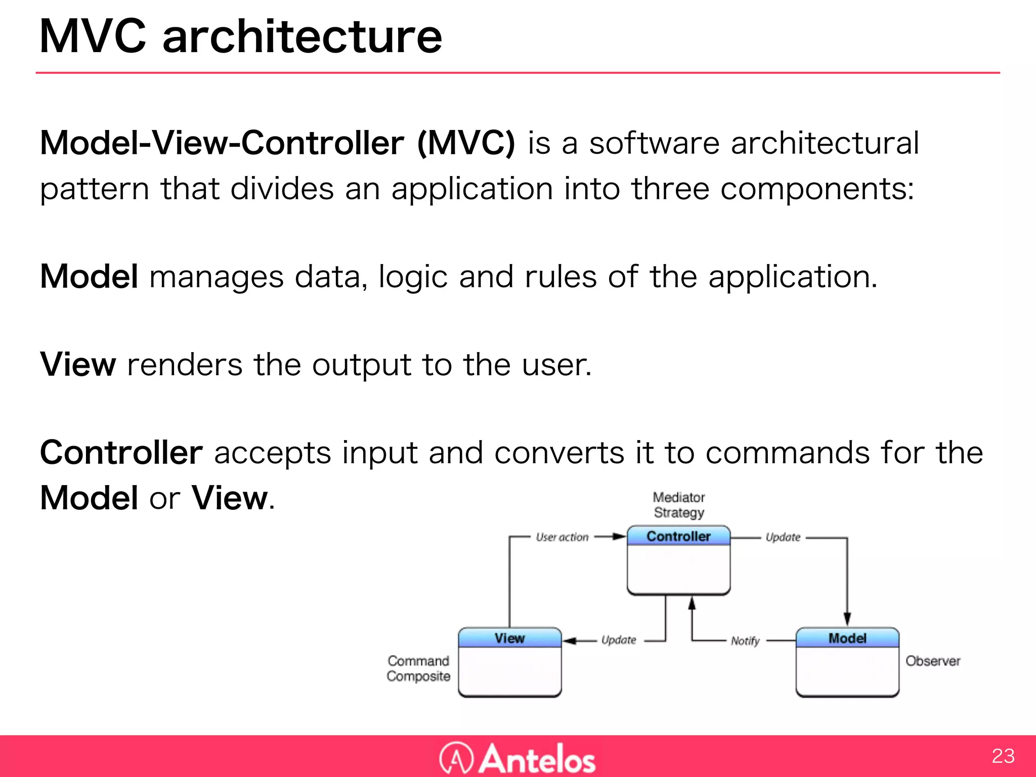 MVC architecture
Model-View-Controller (MVC) is a software architectural pattern that
divides an application into three components:
Model manages data, logic and rules of the application.
View renders the output to the user.
Controller accepts input and converts it to commands for the Model or
View.
23
 