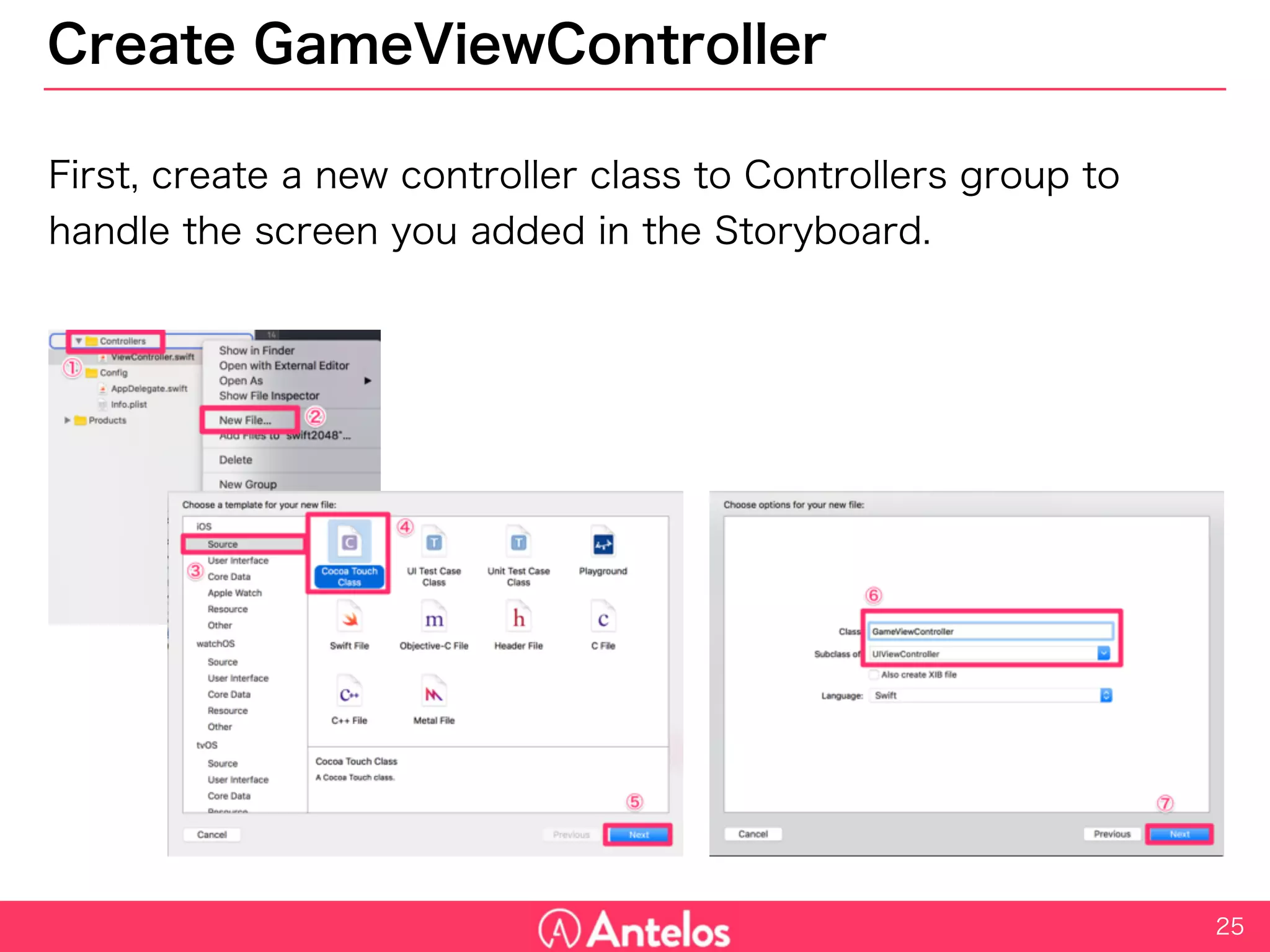 Create GameViewController
First, create a new controller class to Controllers group to handle the
screen you added in the Storyboard.
25
 