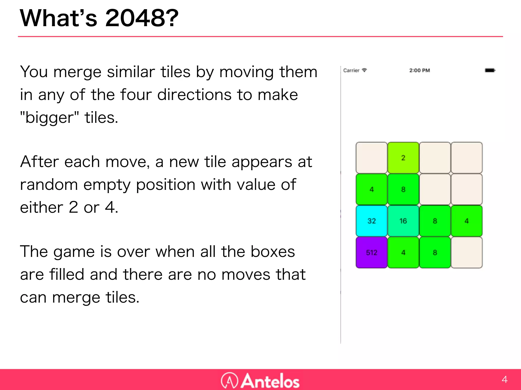 What’s 2048?
4
You merge similar tiles by moving them in
any of the four directions to make "bigger"
tiles.
After each move, a new tile appears at
random empty position with value of either 2
or 4.
The game is over when all the boxes are
filled and there are no moves that can
merge tiles.
 