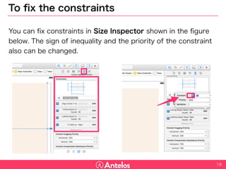 To fix the constraints
You can fix constraints in Size Inspector shown in the figure below.
The sign of inequality and the priority of the constraint also can be
changed.
19
 