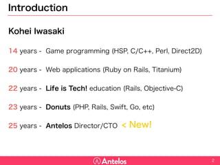Introduction
Kohei Iwasaki
14 years - Game programming (HSP, C/C++, Perl, Direct2D)
20 years - Web applications (Ruby on Rails, Titanium)
22 years - Life is Tech! education (Rails, Objective-C)
23 years - Donuts (PHP, Rails, Swift, Go, etc)
25 years - Antelos Director/CTO
2
< New!
 