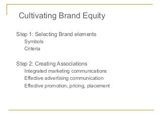 Cultivating Brand Equity

Step 1: Selecting Brand elements
   Symbols
   Criteria


Step 2: Creating Associations
   Integrated marketing communications
   Effective advertising communication
   Effective promotion, pricing, placement
 