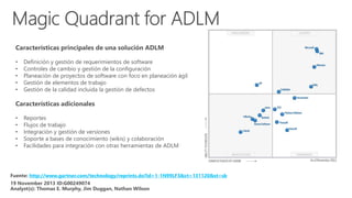 Características principales de una solución ADLM
• Definición y gestión de requerimientos de software
• Controles de cambio y gestión de la configuración
• Planeación de proyectos de software con foco en planeación ágil
• Gestión de elementos de trabajo
• Gestión de la calidad incluida la gestión de defectos
Características adicionales
• Reportes
• Flujos de trabajo
• Integración y gestión de versiones
• Soporte a bases de conocimiento (wikis) y colaboración
• Facilidades para integración con otras herramientas de ADLM
http://www.gartner.com/technology/reprints.do?id=1-1N99LF3&ct=131120&st=sb
 