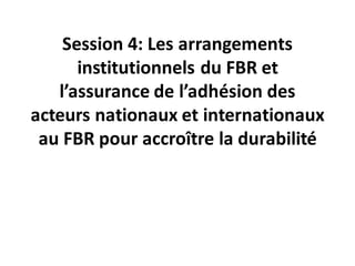 Session 4: Les arrangements
institutionnels du FBR et
l’assurance de l’adhésion des
acteurs nationaux et internationaux
au FBR pour accroître la durabilité
 