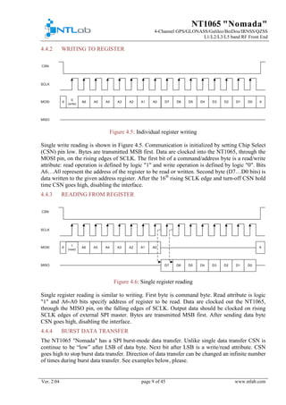 NT1065 "Nomada"
4-Channel GPS/GLONASS/Galileo/BeiDou/IRNSS/QZSS
L1/L2/L3/L5 band RF Front End
Ver. 2.04 page 9 of 45 www.ntlab.com
WRITING TO REGISTER4.4.2
Figure 4.5: Individual register writing
Single write reading is shown in Figure 4.5. Communication is initialized by setting Chip Select
(CSN) pin low. Bytes are transmitted MSB first. Data are clocked into the NT1065, through the
MOSI pin, on the rising edges of SCLK. The first bit of a command/address byte is a read/write
attribute: read operation is defined by logic "1" and write operation is defined by logic "0". Bits
A6…A0 represent the address of the register to be read or written. Second byte (D7…D0 bits) is
data written to the given address register. After the 16th
rising SCLK edge and turn-off CSN hold
time CSN goes high, disabling the interface.
READING FROM REGISTER4.4.3
Figure 4.6: Single register reading
Single register reading is similar to writing. First byte is command byte. Read attribute is logic
"1" and A6-A0 bits specify address of register to be read. Data are clocked out the NT1065,
through the MISO pin, on the falling edges of SCLK. Output data should be clocked on rising
SCLK edges of external SPI master. Bytes are transmitted MSB first. After sending data byte
CSN goes high, disabling the interface.
BURST DATA TRANSFER4.4.4
The NT1065 "Nomada" has a SPI burst-mode data transfer. Unlike single data transfer CSN is
continue to be “low” after LSB of data byte. Next bit after LSB is a write/read attribute. CSN
goes high to stop burst data transfer. Direction of data transfer can be changed an infinite number
of times during burst data transfer. See examples below, please.
 