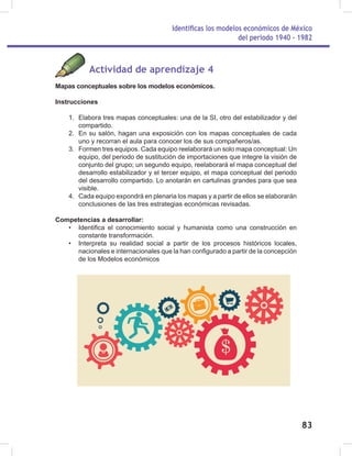 Identificas los modelos económicos de México
del periodo 1940 - 1982
83
Actividad de aprendizaje 4
Mapas conceptuales sobre los modelos económicos.
Instrucciones
1. Elabora tres mapas conceptuales: una de la SI, otro del estabilizador y del
compartido.
2. En su salón, hagan una exposición con los mapas conceptuales de cada
uno y recorran el aula para conocer los de sus compañeros/as.
3. Formen tres equipos. Cada equipo reelaborará un solo mapa conceptual: Un
equipo, del periodo de sustitución de importaciones que integre la visión de
conjunto del grupo; un segundo equipo, reelaborará el mapa conceptual del
desarrollo estabilizador y el tercer equipo, el mapa conceptual del periodo
del desarrollo compartido. Lo anotarán en cartulinas grandes para que sea
visible.
4. Cada equipo expondrá en plenaria los mapas y a partir de ellos se elaborarán
conclusiones de las tres estrategias económicas revisadas.
Competencias a desarrollar:
• Identifica el conocimiento social y humanista como una construcción en
constante transformación.
• Interpreta su realidad social a partir de los procesos históricos locales,
nacionales e internacionales que la han configurado a partir de la concepción
de los Modelos económicos
 