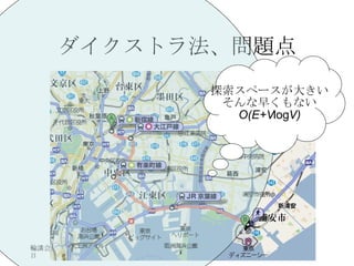 ダイクストラ法、問題点 探索スペースが大きい そんな早くもない O(E+V log V) 