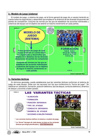 2.- Modelo de juego (sistema)
El modelo de juego, o sistema de juego, es la forma general de juego de un equipo teniendo en
cuenta todos los argumentos y desarrollos que emplea en la dinámica de las diversas situaciones del
partido de competición. Conjunto de normas por las que se establecen las acciones individuales y
colectivas del equipo con el objetivo de obtener el máximo rendimiento en cada partido.
3.- Variantes tácticas
En términos generales, puede establecerse que las variantes tácticas conforman el sistema de
juego de cada equipo. Éstas son los recursos con los que confecciona la “forma de jugar”. Se
clasifican en: alineación, formación, posición defensiva, tipo de ataque, conducta defensiva, dinámica
de ataque y acciones a balón parado.
18Marzo-2013 nº 205
 