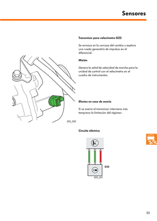Sensores


          Transmisor para velocímetro G22

          Se enrosca en la carcasa del cambio y explora
          una rueda generatriz de impulsos en el
          diferencial.

          Misión

          Genera la señal de velocidad de marcha para la
          unidad de control con el velocímetro en el
          cuadro de instrumentos.




          Efectos en caso de avería

          Si se avería el transmisor interviene más
          temprano la limitación del régimen.

205_033


          Circuito eléctrico




                                G22



                      205_051




                                                           23
 